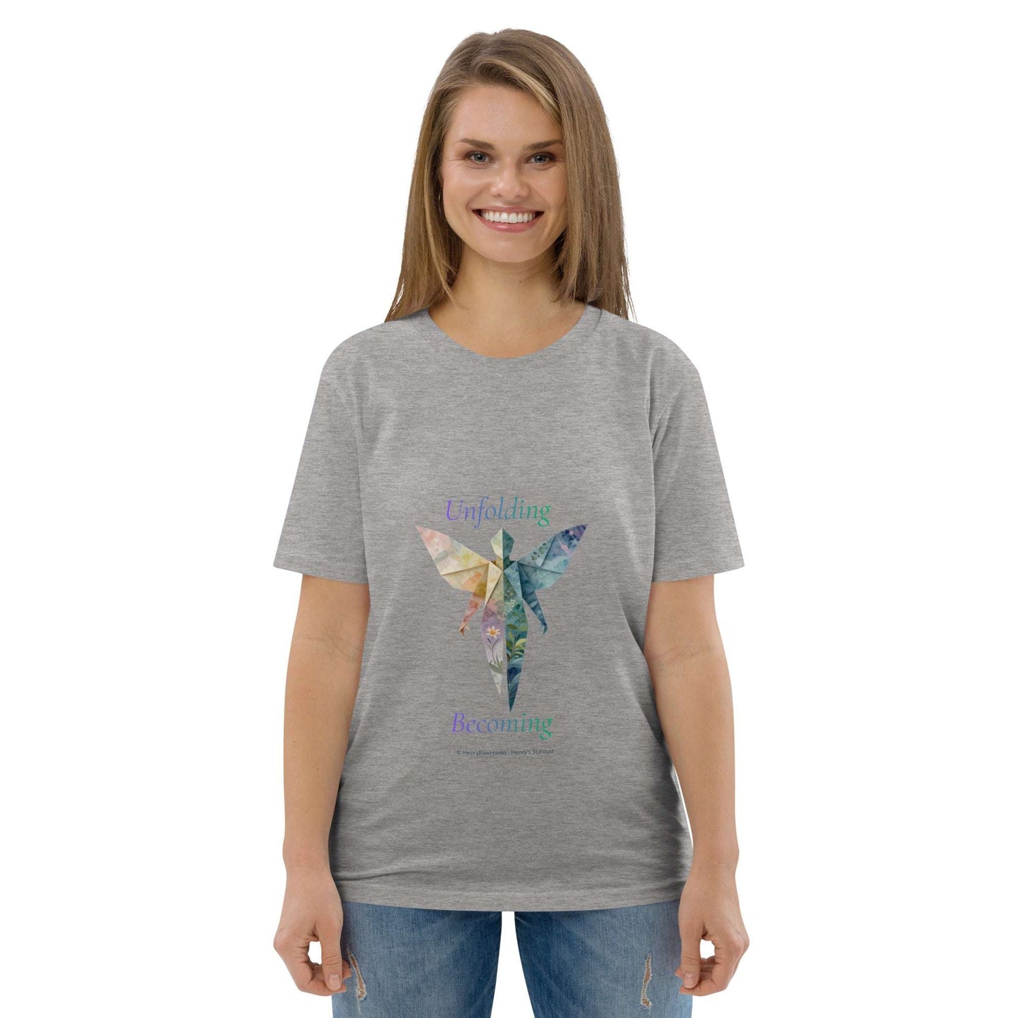 BOMBY Unfolding origamis silhouette Organic Cotton T-Shirt in grey featuring a colorful butterfly-winged origami design symbolizing transformation.