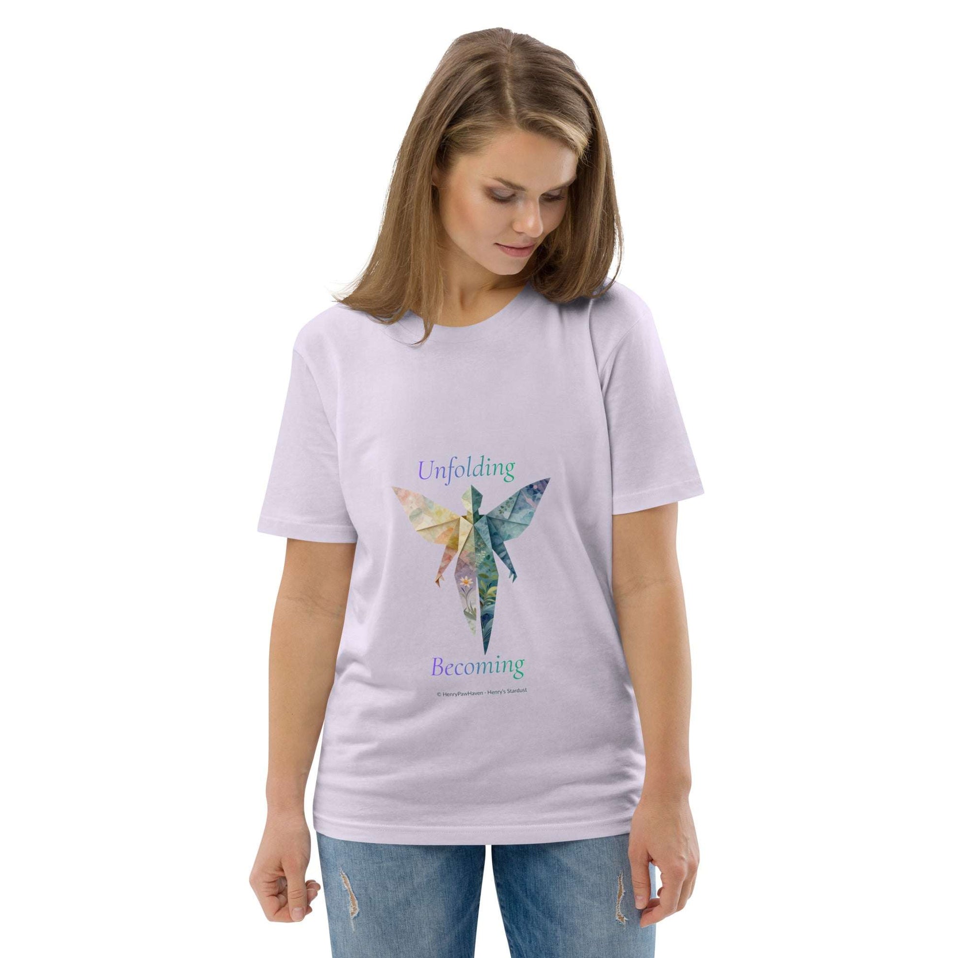Lavender BOMBY Unfolding origamis silhouette Organic Cotton T-Shirt with artistic butterfly motif and eco-conscious message for adults.