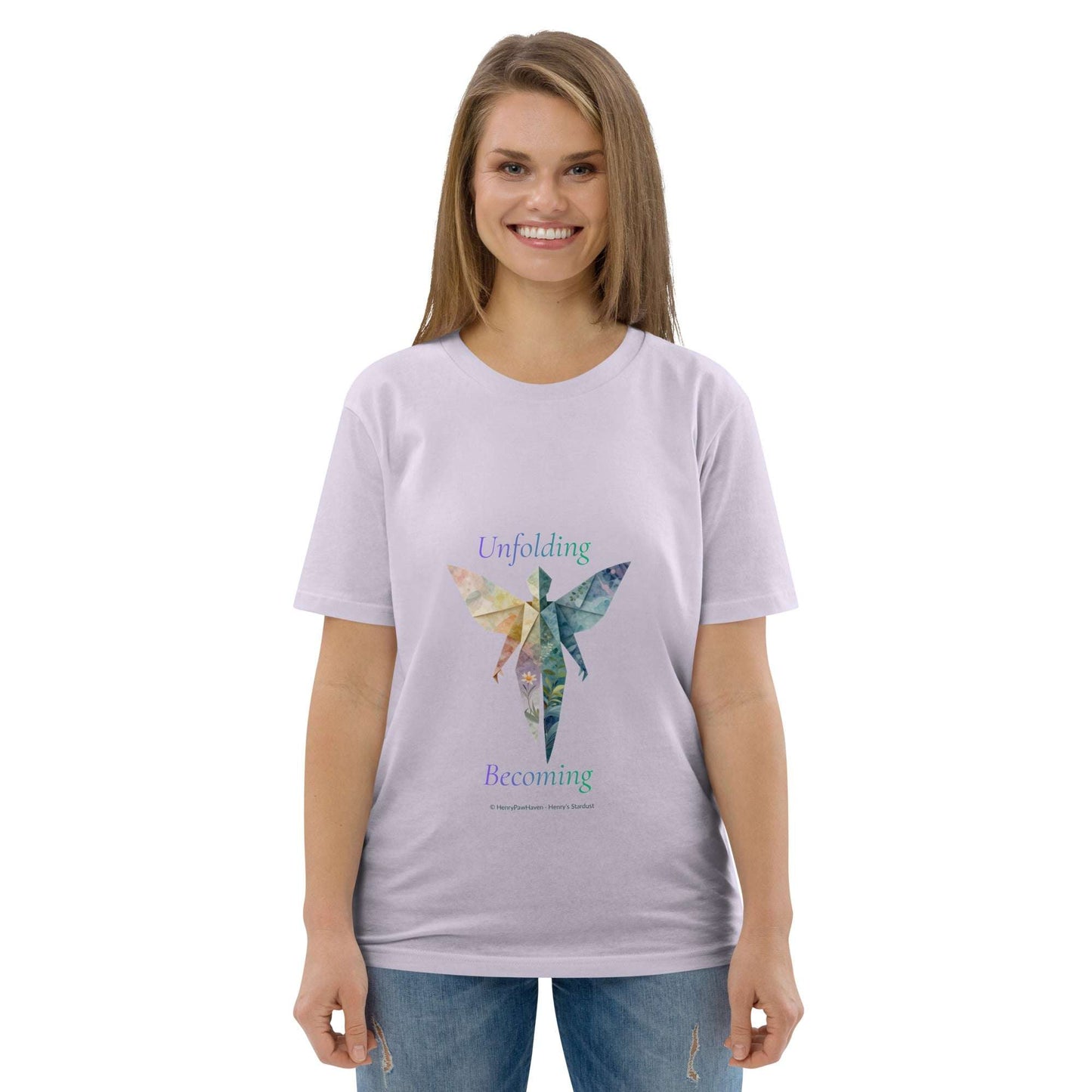 BOMBY Unfolding origamis silhouette Organic Cotton T-Shirt in lavender, featuring colorful origami butterfly print and 'Unfolding Becoming' text.