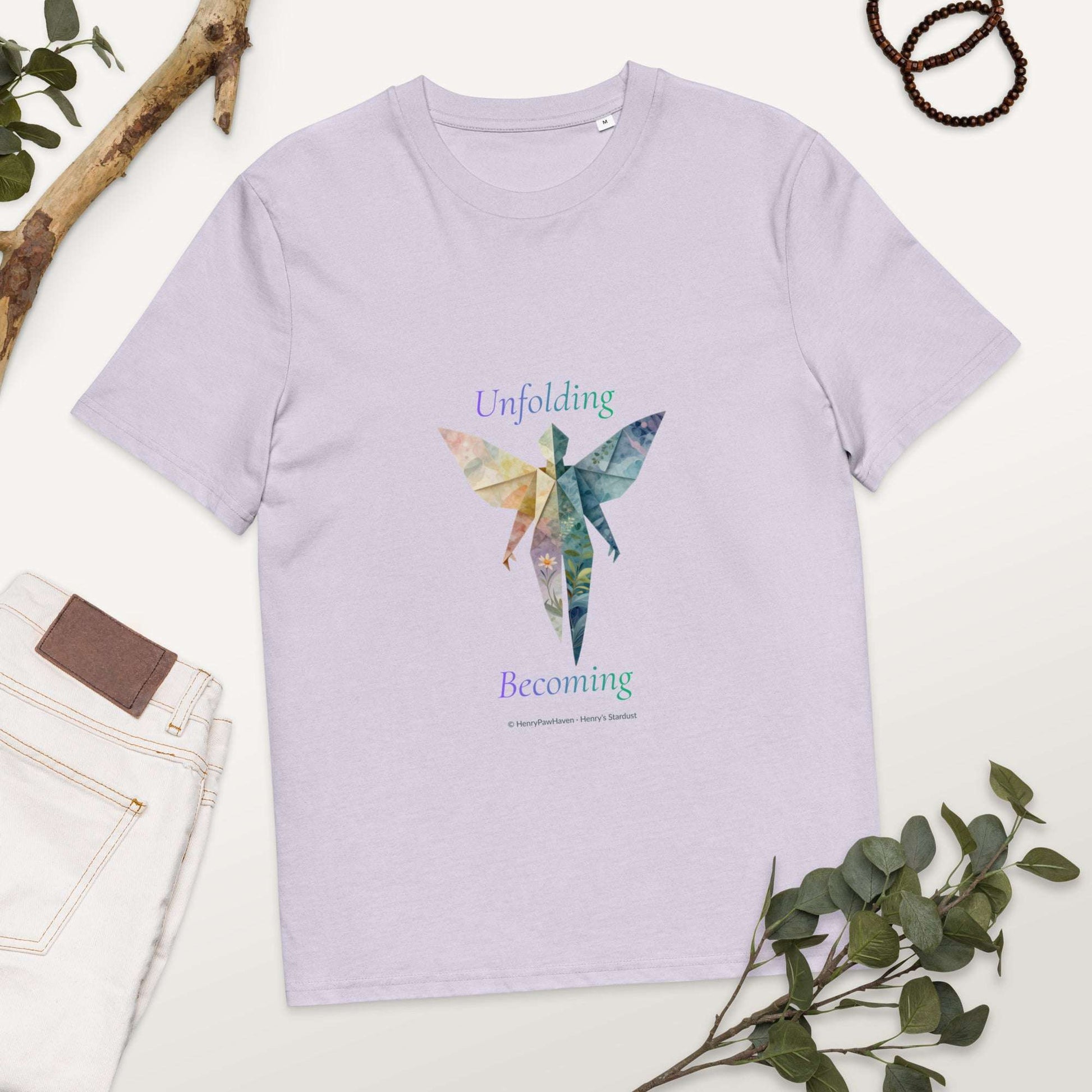 BOMBY Unfolding origamis silhouette Organic Cotton T-Shirt in lavender showcasing a multicolored origami-style silhouette design.
