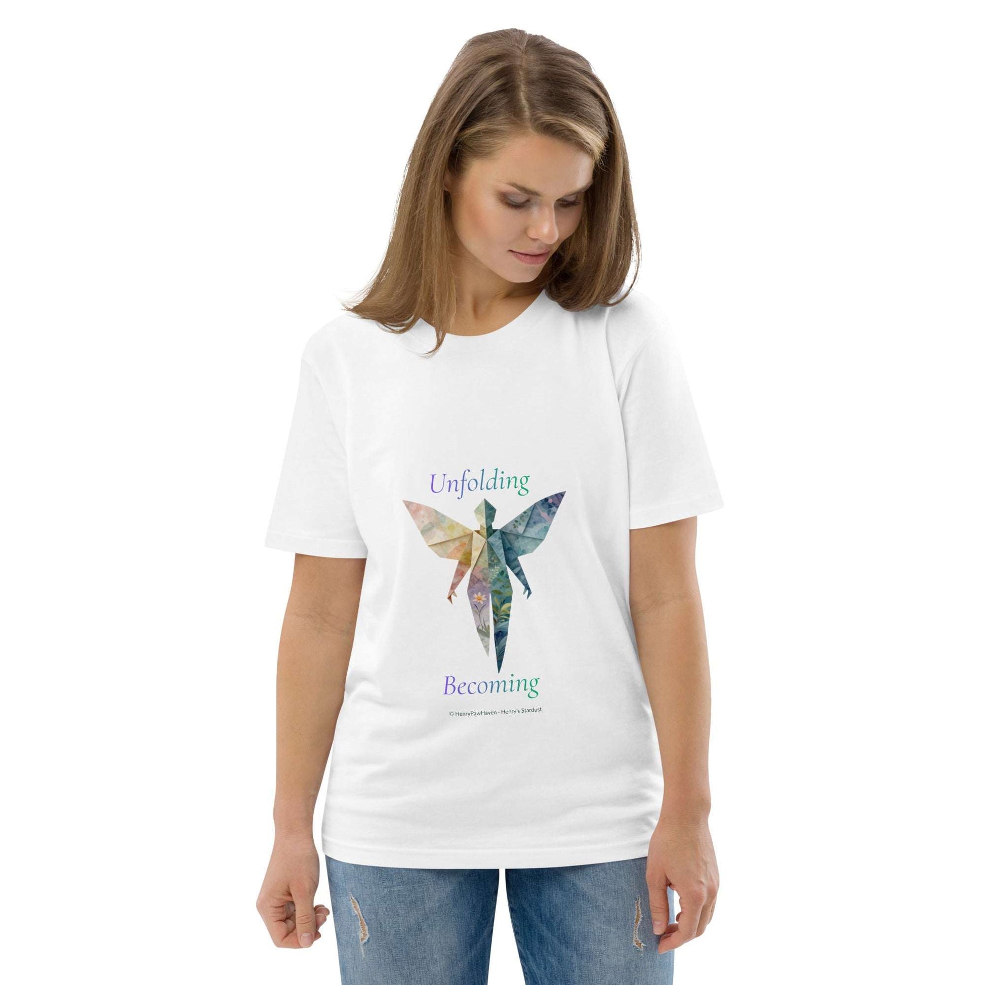 BOMBY Unfolding origamis silhouette Organic Cotton T-Shirt in white, designed with a symbolic butterfly print and sustainable fashion appeal.