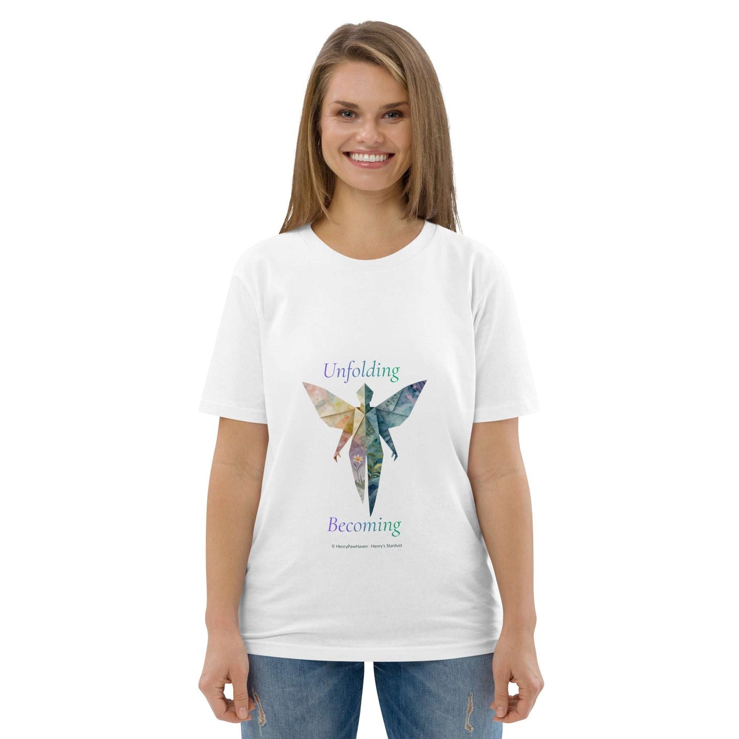 White BOMBY Unfolding origamis silhouette Organic Cotton T-Shirt showcasing multicolor butterfly-winged figure and inspirational typography.