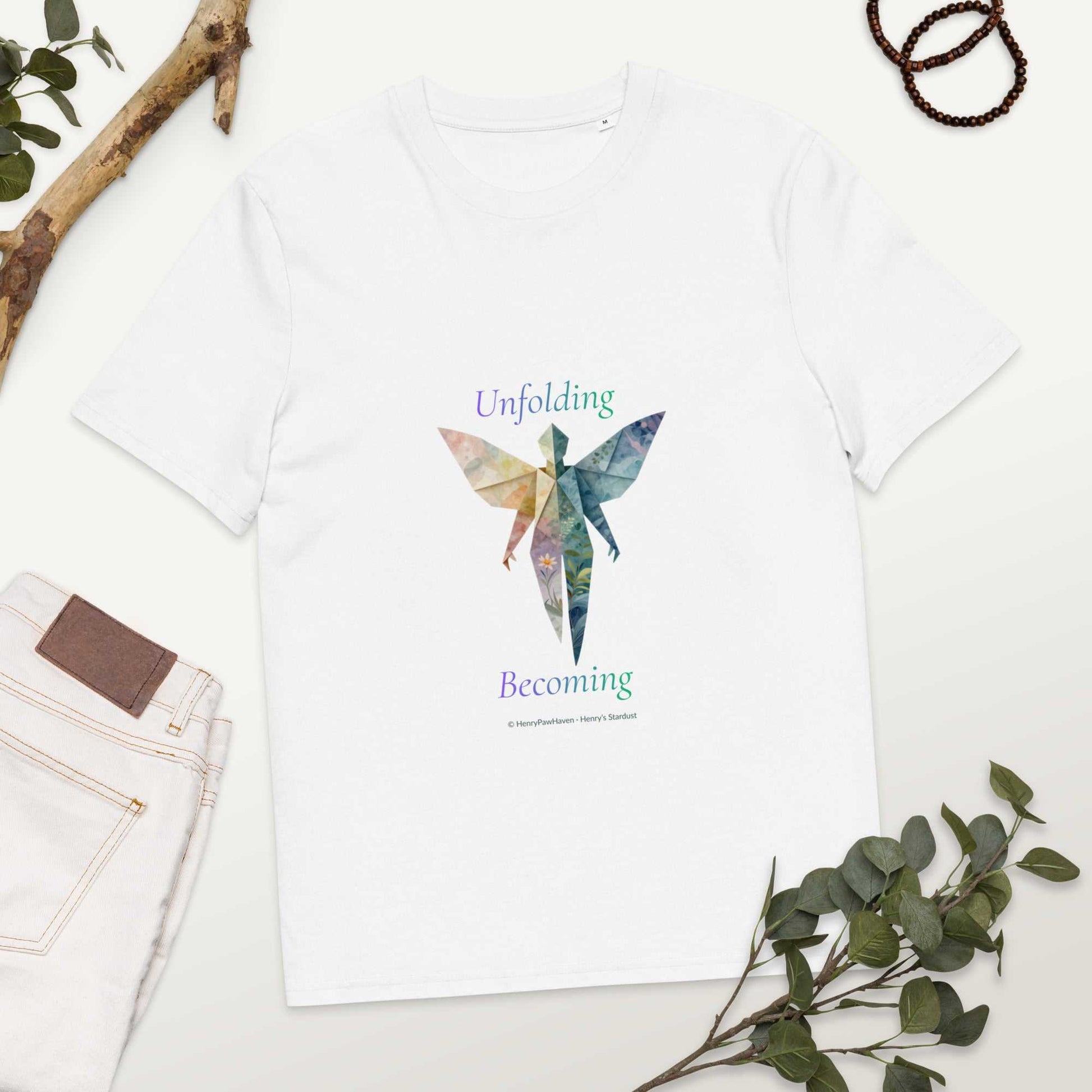 BOMBY Unfolding origamis silhouette Organic Cotton T-Shirt in white with vibrant butterfly-winged figure and eco-conscious message.