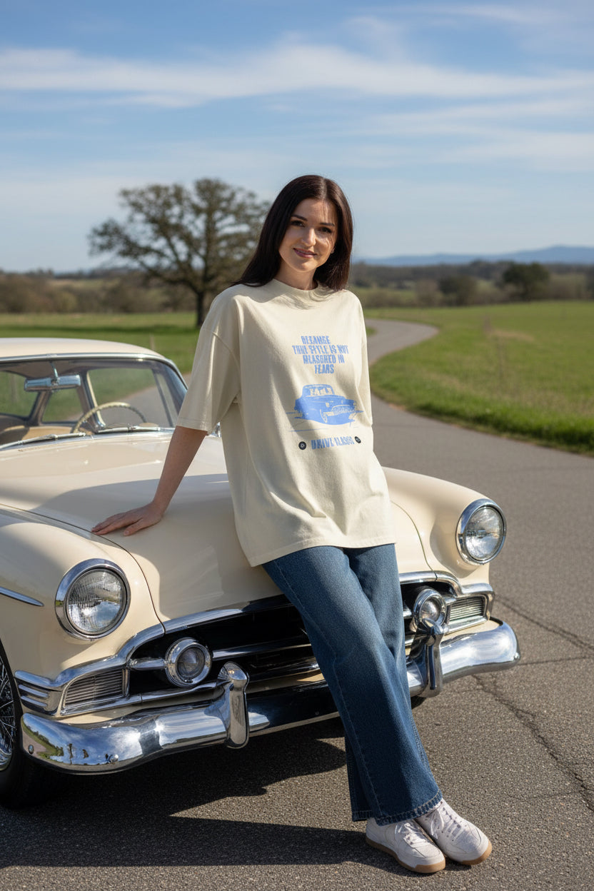 Woman wearing a beige t-shirt with a graphic design on a white background