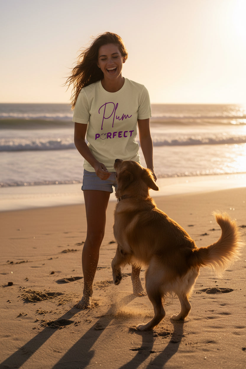 Beige t-shirt with Plum Perfect sign design on a white background