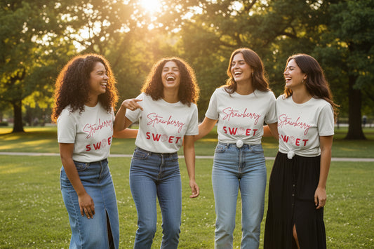 White t-shirt with 'Strawberry Sweet' text design on a white background