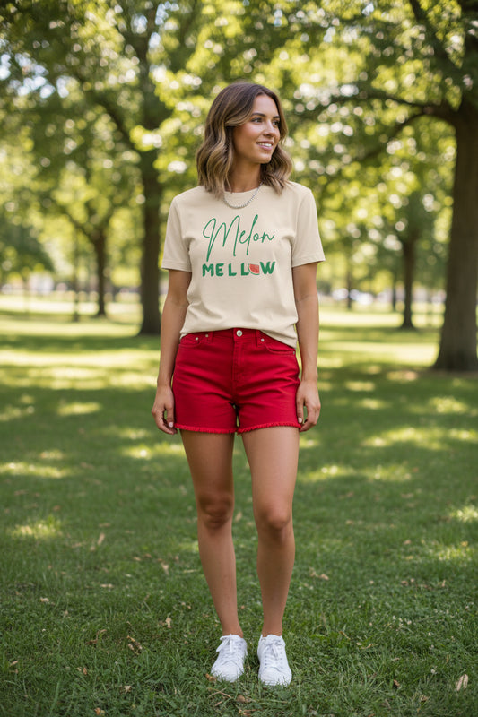 Beige t-shirt with 'Melon Mellow' text design on a white background