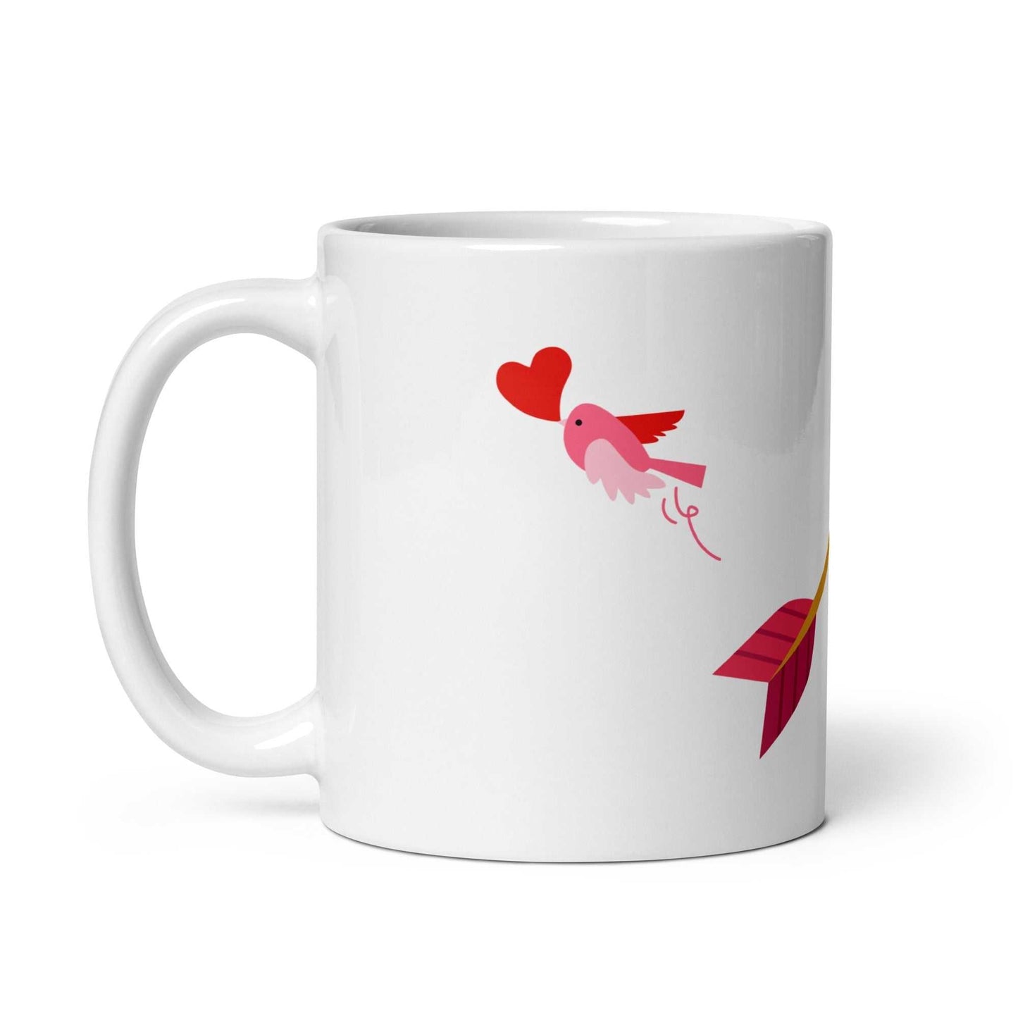Close-up of Valentine mug gift featuring a pink bird carrying a red heart, perfect for gifting on Valentine's Day.