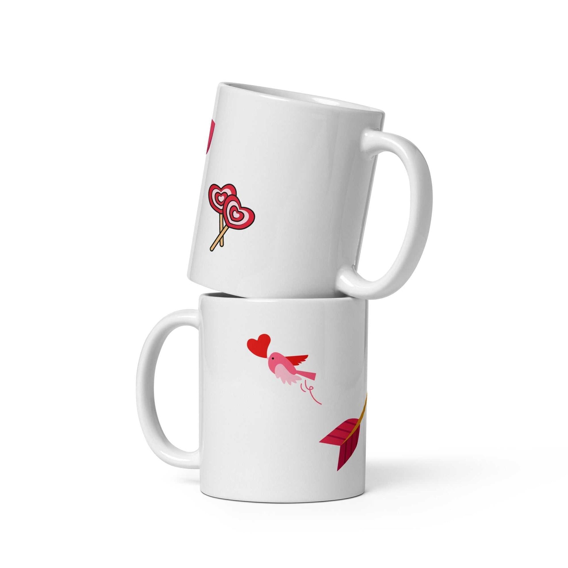 Stacked Valentine mug gifts with bird, arrow, and heart lollipop design, 11 oz mugs for romantic drinkware collection.