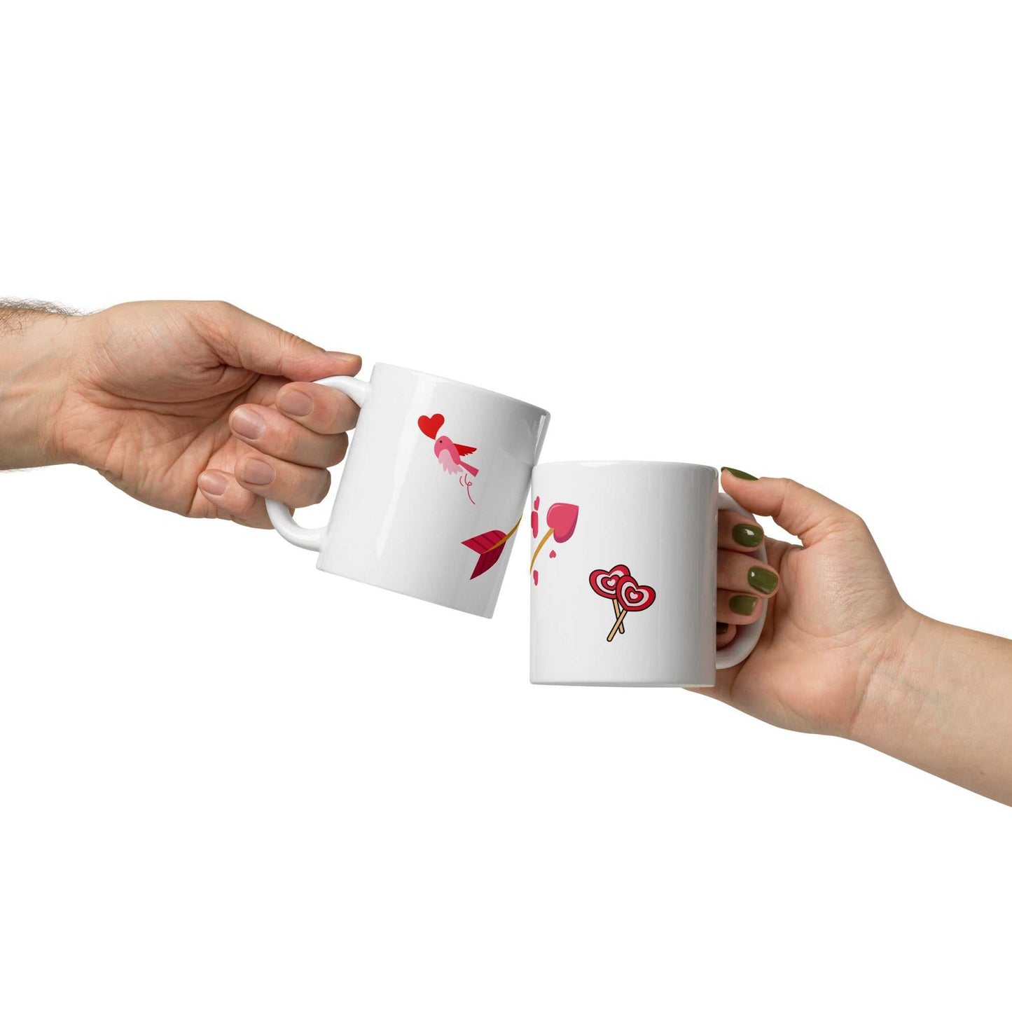 Two people clinking Valentine mug gifts featuring arrow, lollipops, and bird design, perfect for romantic gifting occasions.