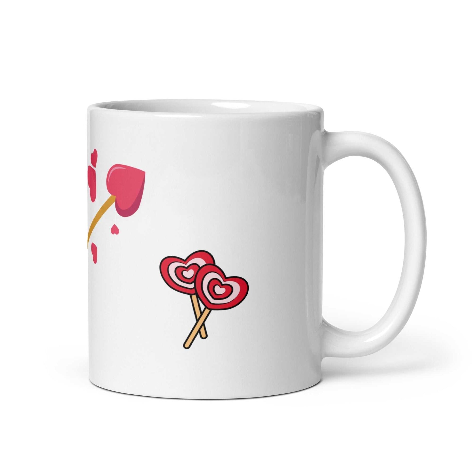 Valentine mug gift with heart arrow and lollipop design, 11 oz ceramic drinkware for coffee or tea, ideal for romantic gifting.