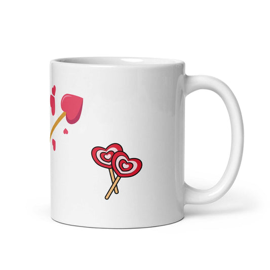 Valentine mug gift with heart arrow and lollipop design, 11 oz ceramic drinkware for coffee or tea, ideal for romantic gifting.