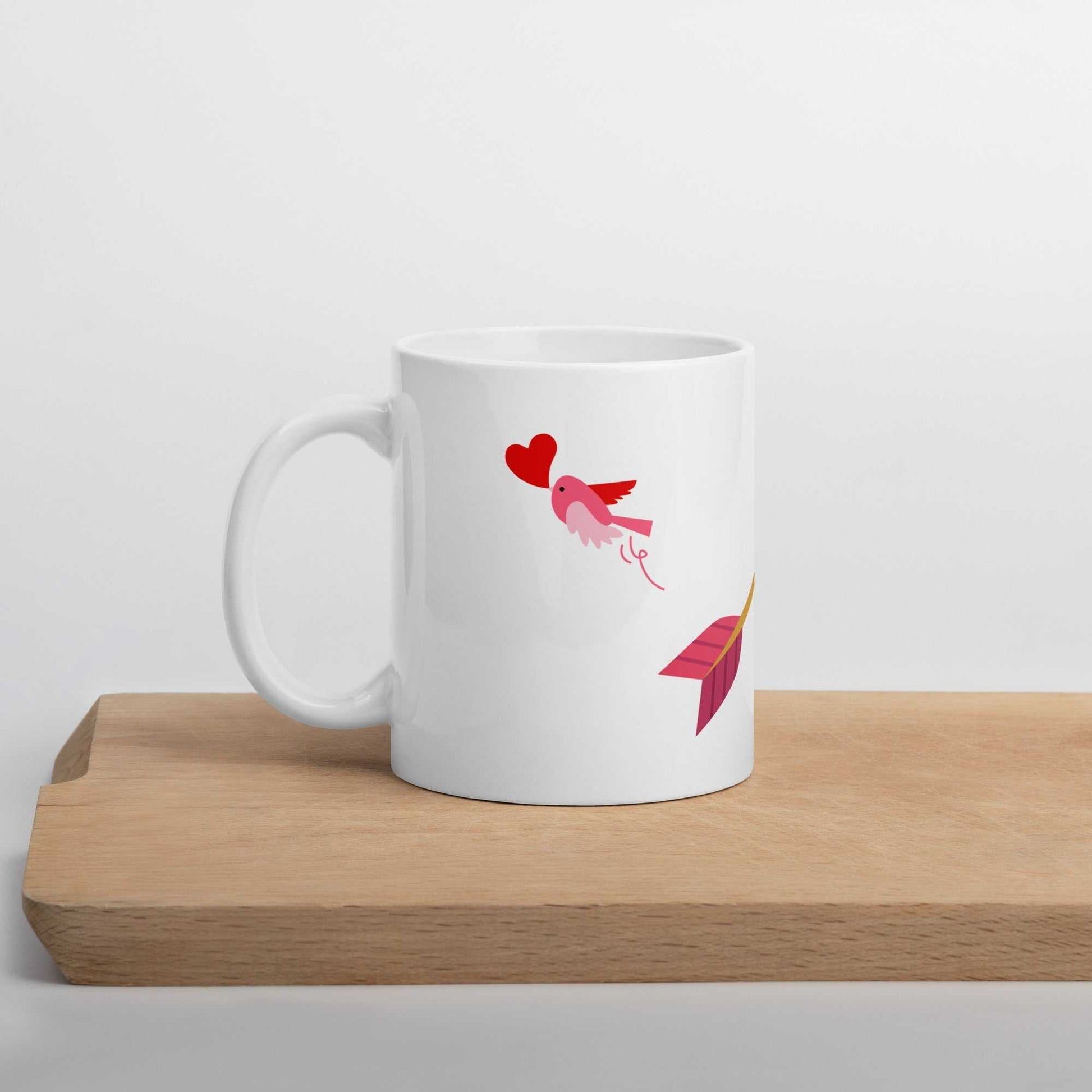 Valentine mug gift with pink bird and heart arrow design on wooden tray, 11 oz ceramic mug for romantic mornings.