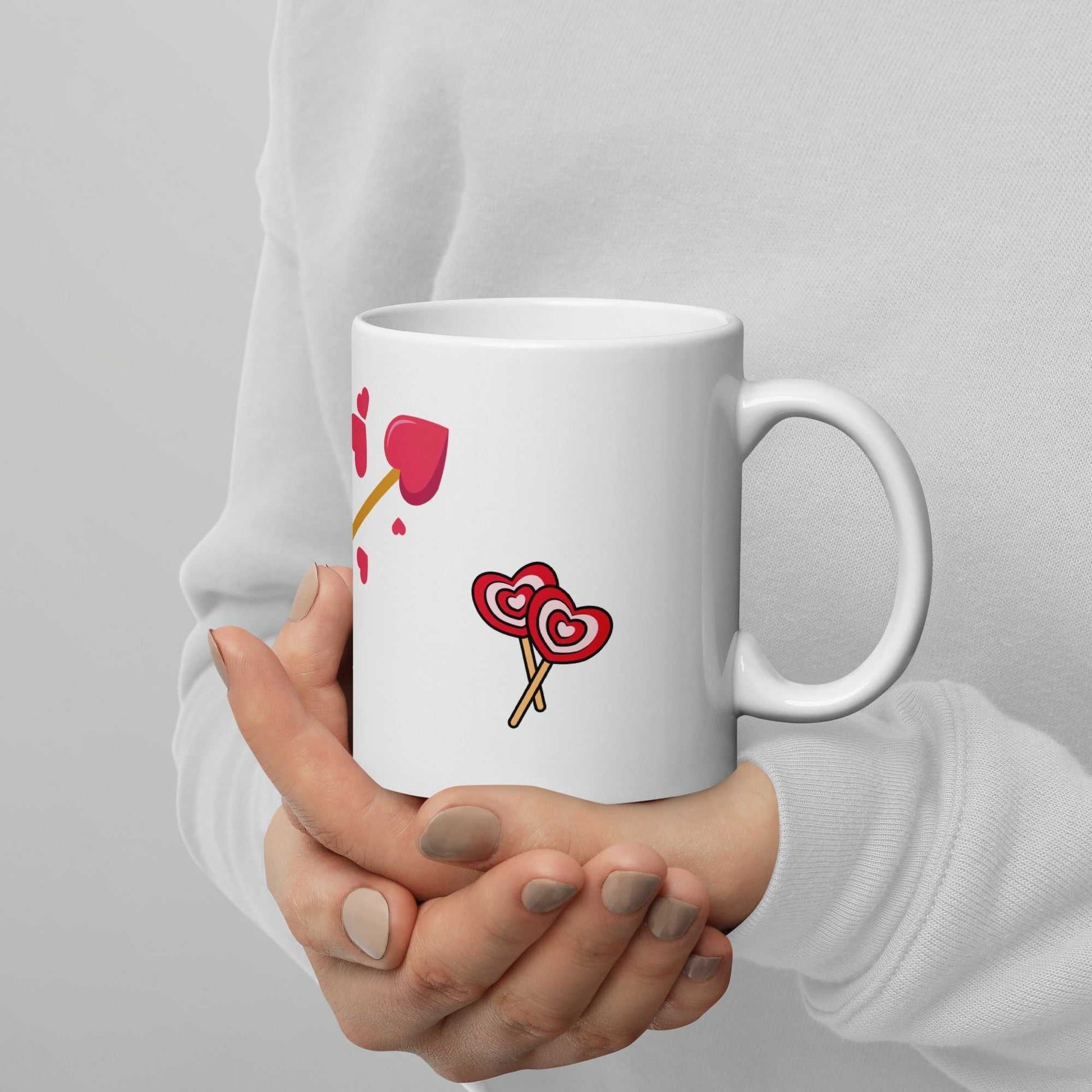 Valentine Mug Gift with arrow, heart lollipops, and bird design, 11 oz ceramic mug ideal for Valentine's Day gifting and daily coffee use.