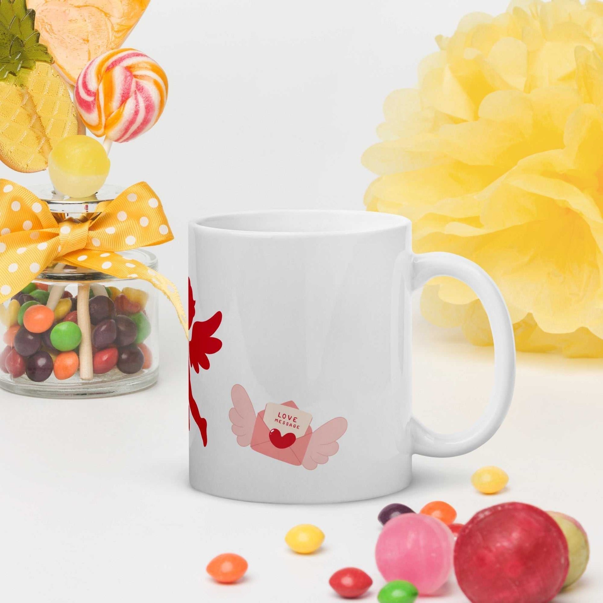 Valentine Mug - Cupid & Butterfly ceramic mug featuring a love letter with wings, great for gifting on Valentine's Day.