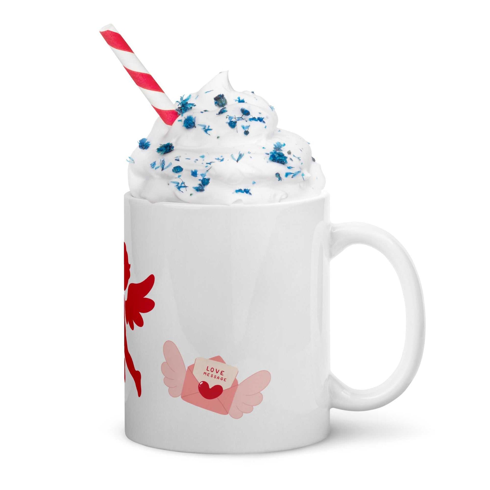 Valentine Mug - Cupid & Butterfly gift mug with whipped cream topping, ceramic 11 oz, perfect for romantic coffee or tea moments.