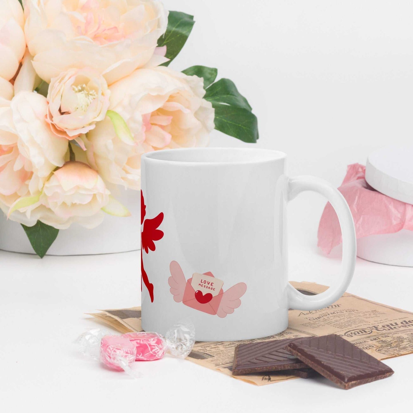 Ceramic Valentine Mug - Cupid & Butterfly with love letter graphic, perfect for Valentine's Day coffee or tea gift.