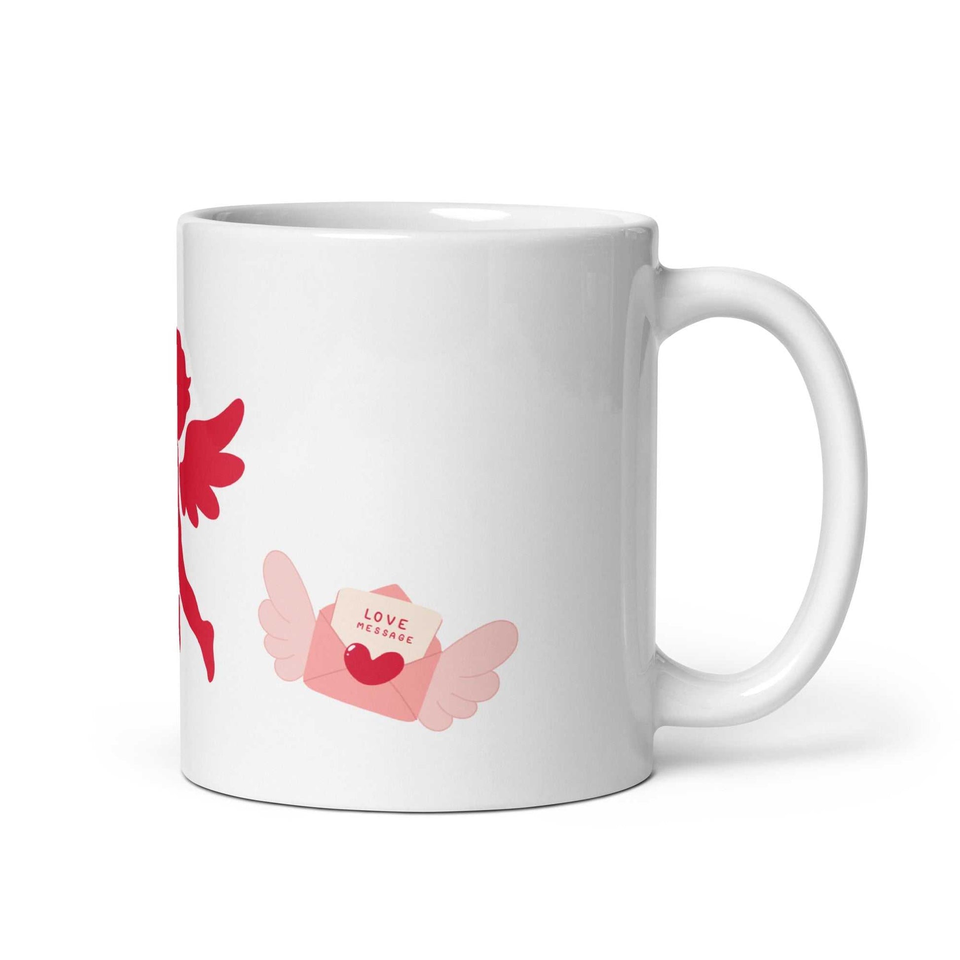 Ceramic Valentine mug gift featuring a pink cupid with bow and arrow, red hearts, and a love letter with wings. Ideal for romantic coffee moments.