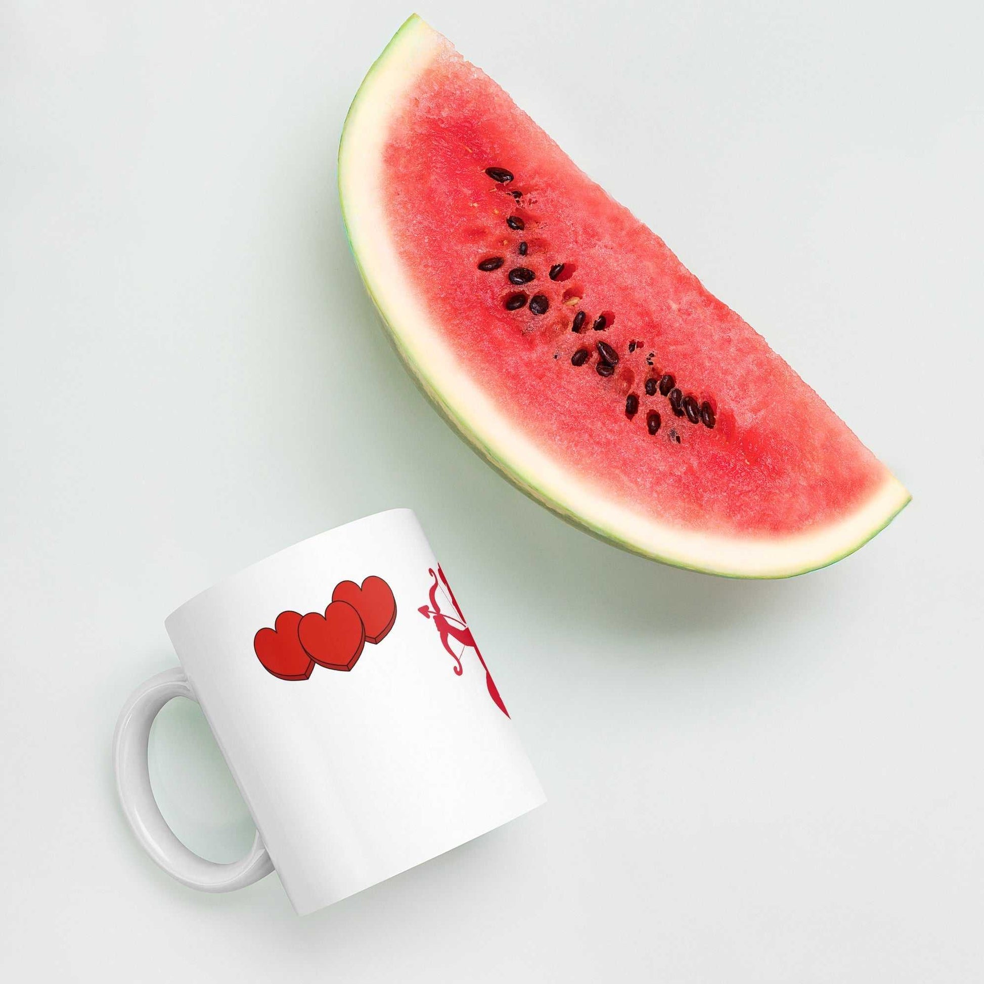 Valentine Mug - Cupid & Butterfly with heart and bow design, ceramic 11 oz mug styled with watermelon for a fresh romantic vibe.
