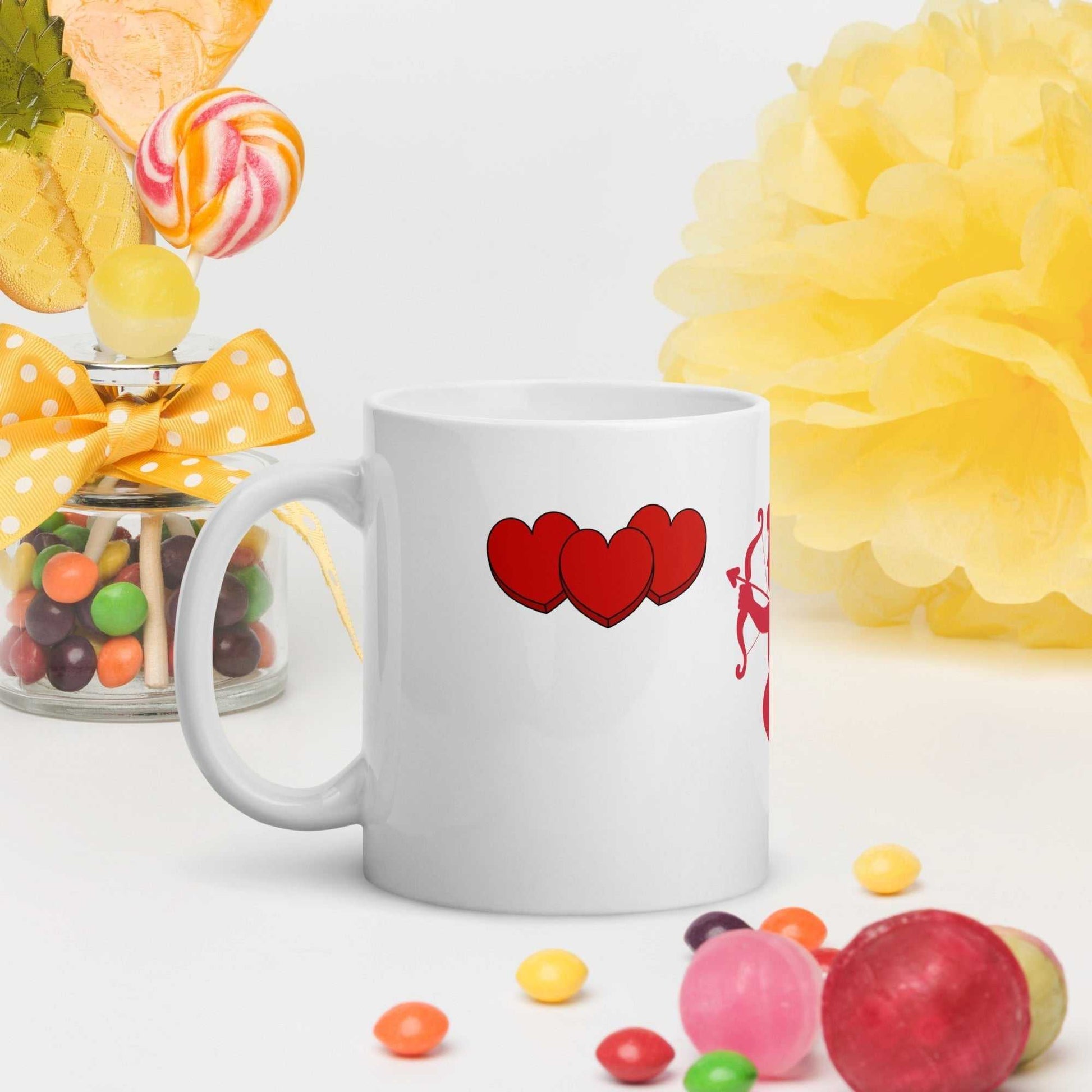 Ceramic Valentine Mug - Cupid & Butterfly design with red hearts, ideal Valentine mug gift for coffee lovers, 11 oz size.