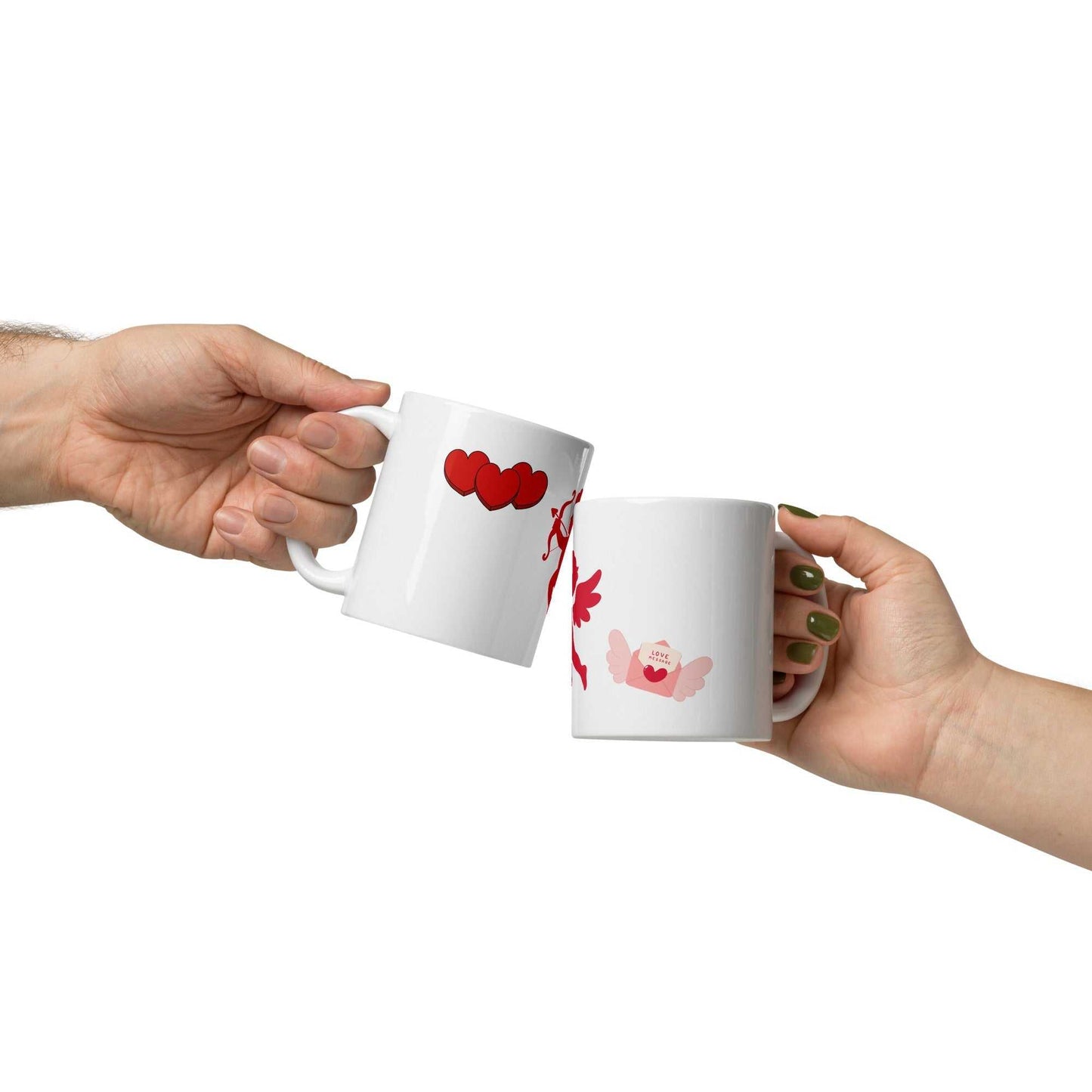 Two people clinking Valentine Mug - Cupid & Butterfly gifts. Ceramic 11 oz mugs with red hearts and love-themed illustrations for couples.