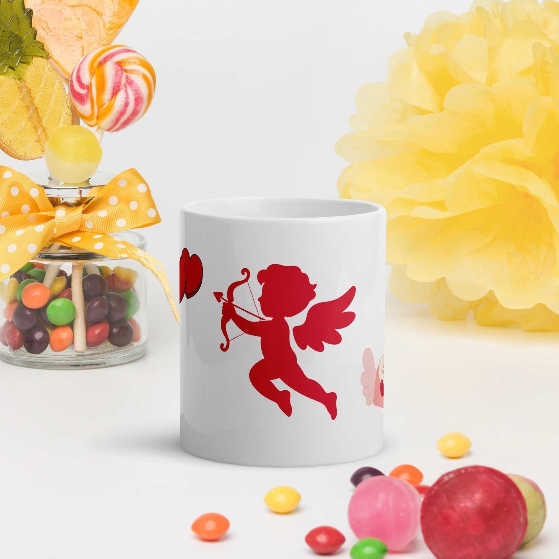 Cupid aiming at heart on Valentine Mug - Cupid & Butterfly, 11 oz ceramic drinkware for romantic kitchen and dining decor.