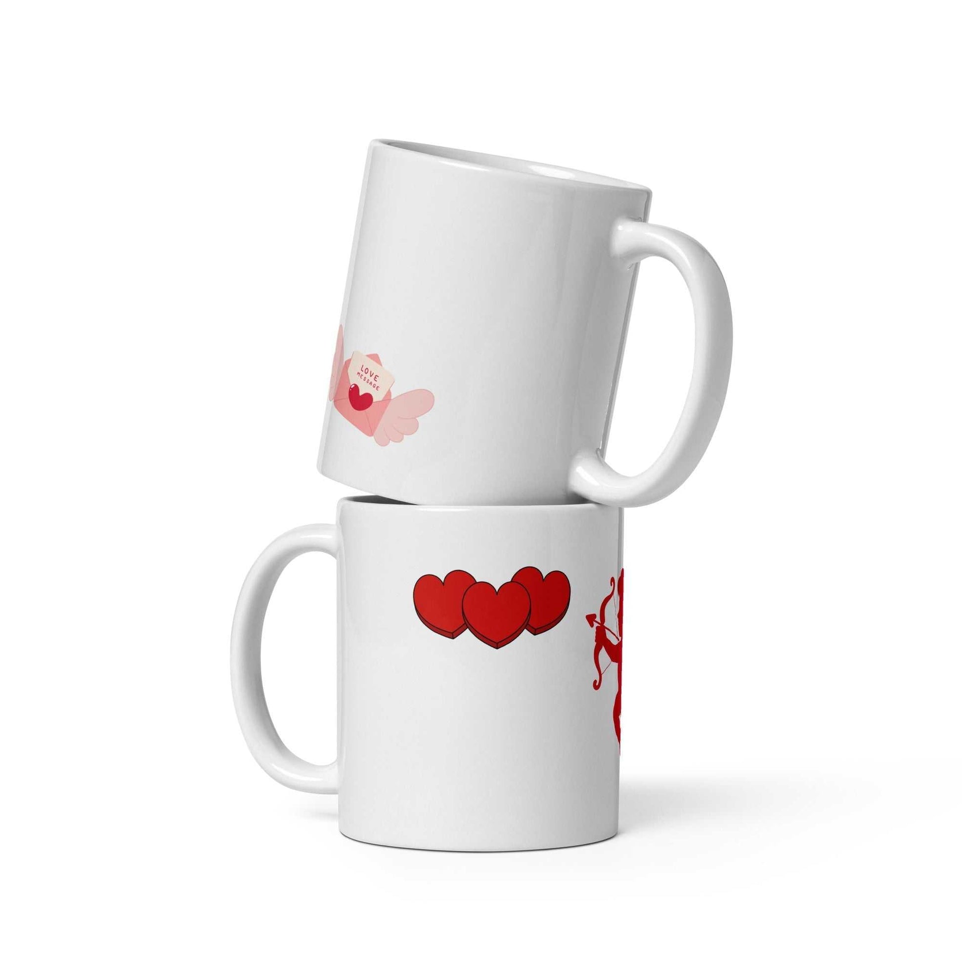 Stacked Valentine Mug - Cupid & Butterfly gifts showing red hearts and love letter. Ceramic 11 oz mugs perfect for romantic drinkware collections.