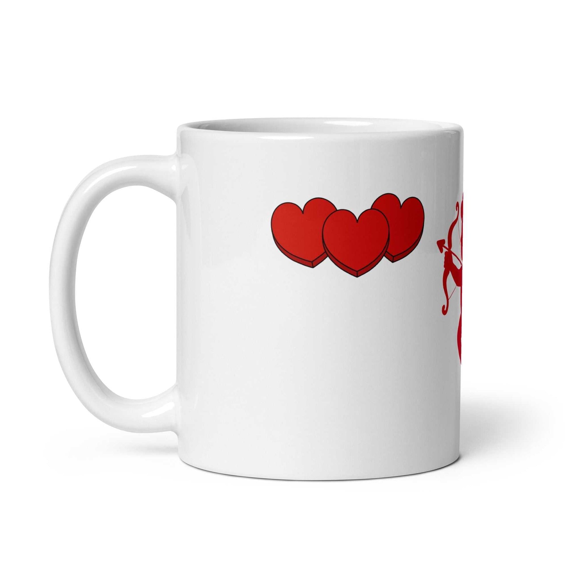 11 oz ceramic Valentine mug with red hearts and flying cupid design. Perfect gift for Valentine's Day, microwave and dishwasher safe.