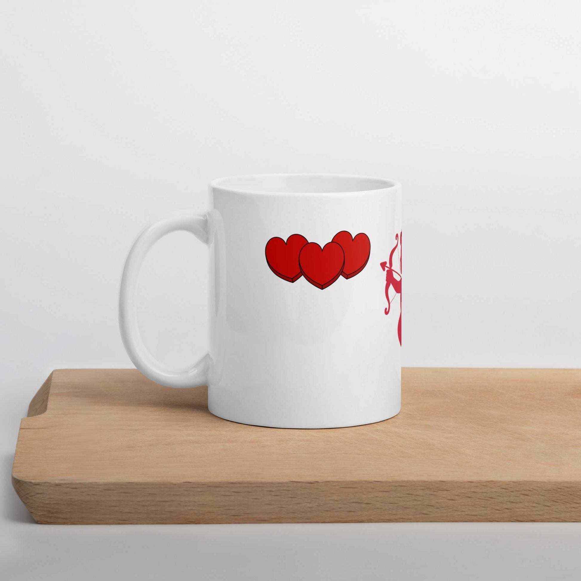Triple heart design on Valentine Mug - Cupid & Butterfly, ceramic 11 oz mug for romantic coffee moments and gifting.
