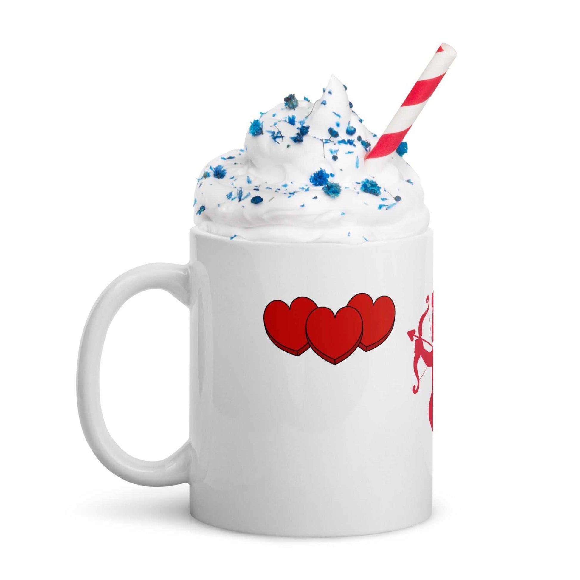 Valentine Mug - Cupid & Butterfly gift filled with whipped cream and sprinkles. Ceramic 11 oz mug with red hearts and cupid design.