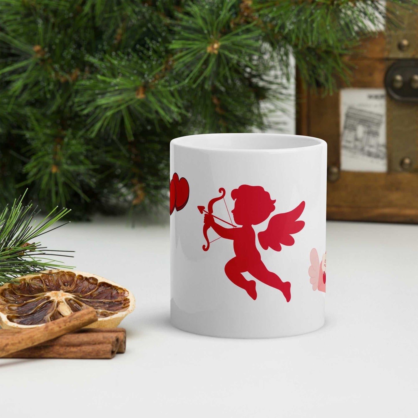 Cupid shooting heart on Valentine Mug - Cupid & Butterfly, 11 oz ceramic drinkware perfect for Valentine's Day celebrations.