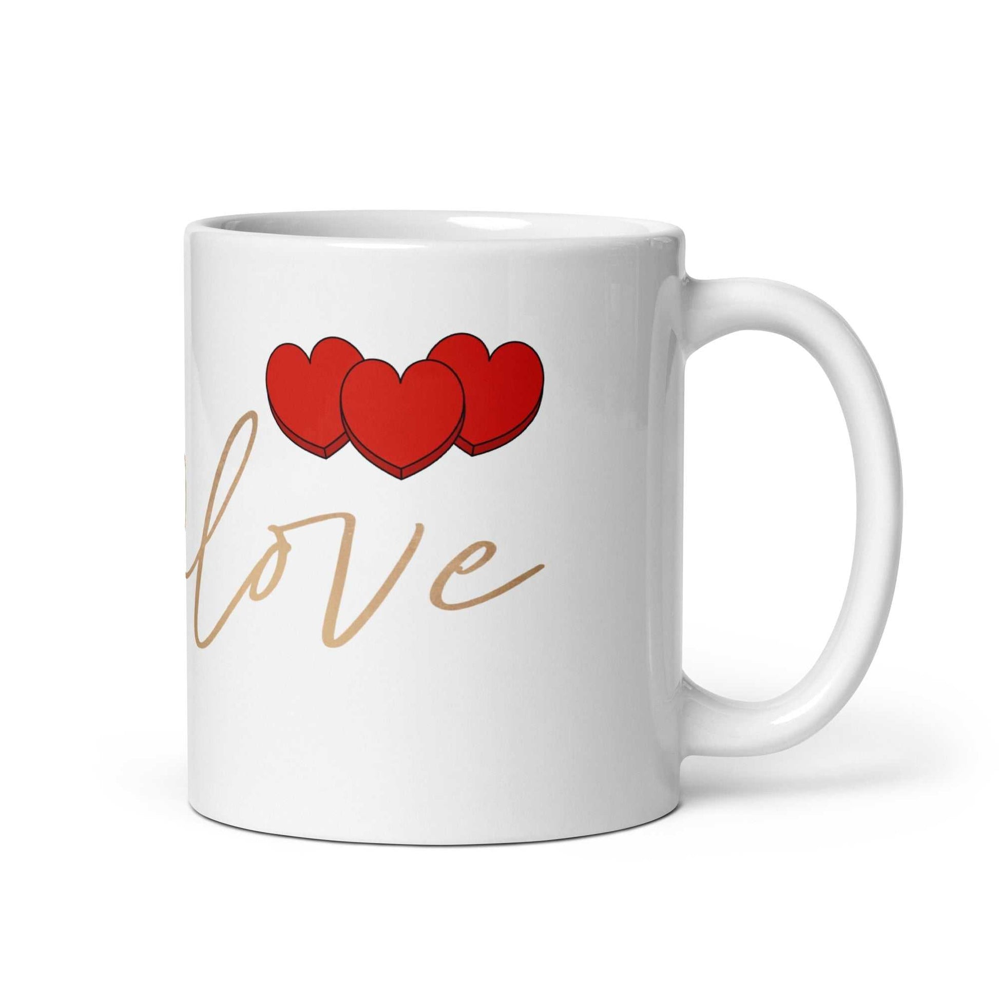 Valentine Mug - Envelope & Hearts gift featuring red hearts and 'love' text, ceramic 11 oz, dishwasher safe, romantic coffee mug.