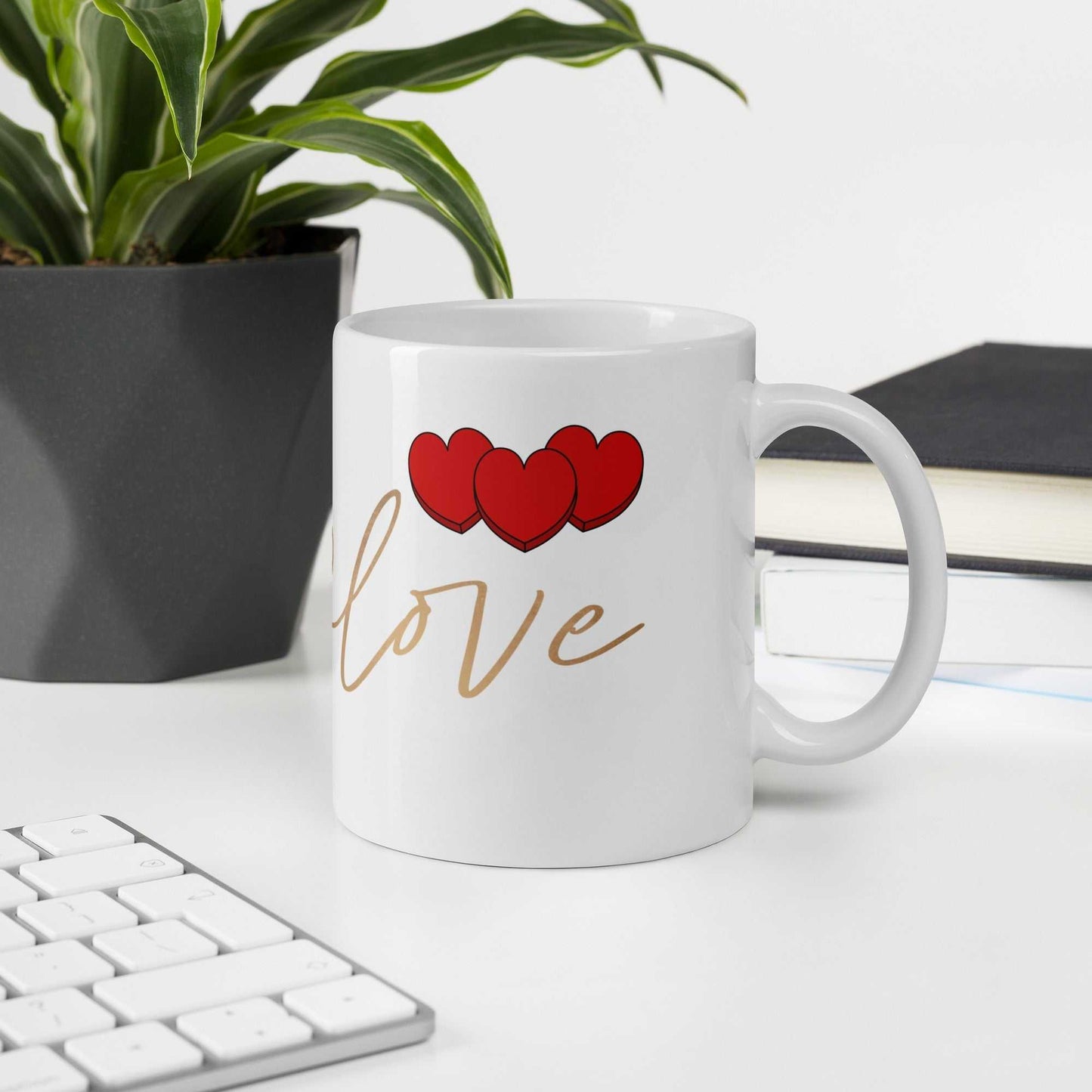 Valentine Mug - Envelope & Hearts gift on desk with plant and keyboard, ceramic 11 oz, red hearts and love script design.