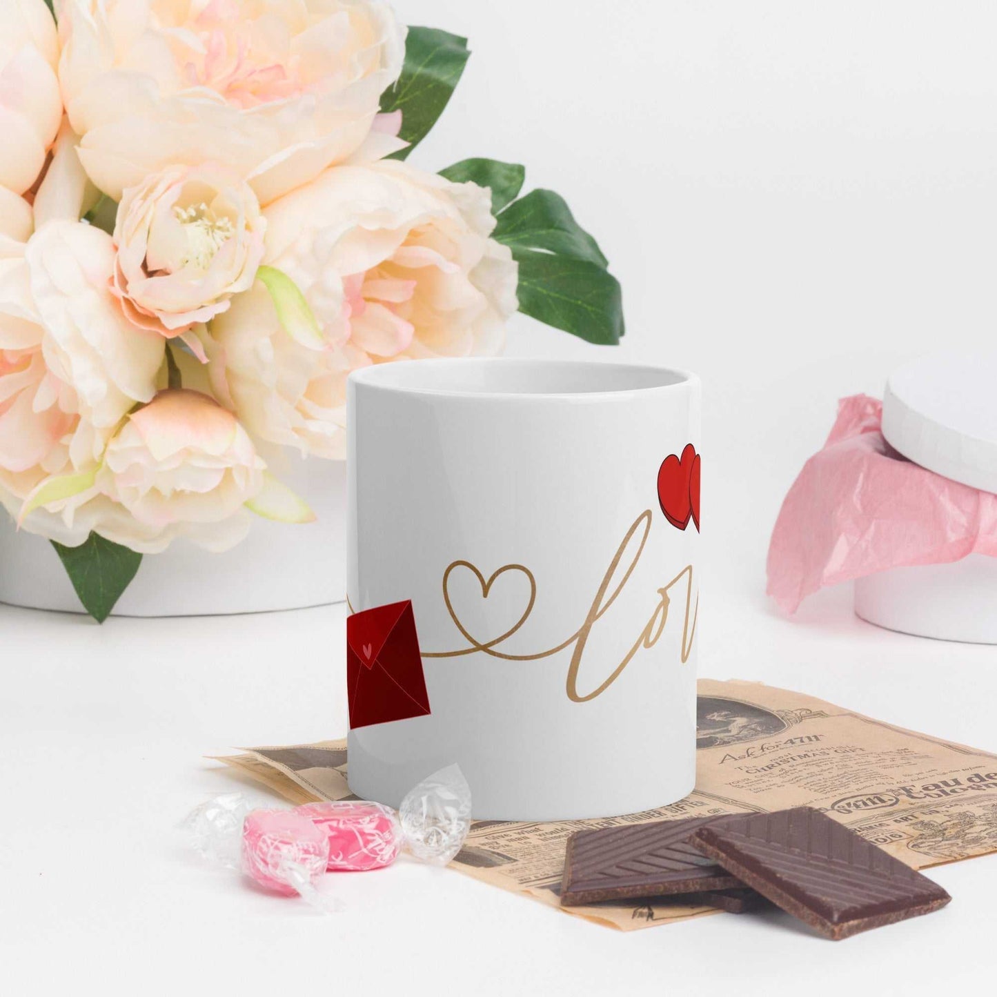 Ceramic valentine mug featuring red envelope and heart design, perfect for gifting on Valentine's Day, dishwasher safe 11 oz size.