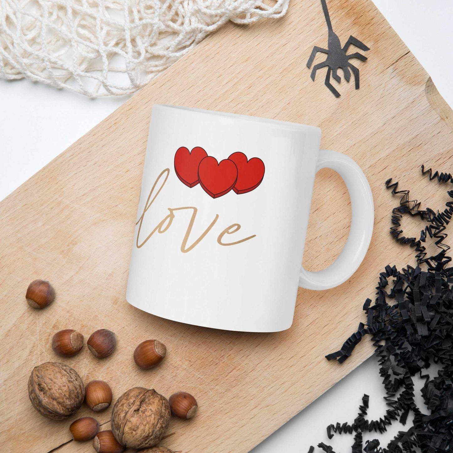 Valentine Mug - Envelope & Hearts gift on wooden board with nuts and Halloween decor, ceramic 11 oz, red hearts and love design.