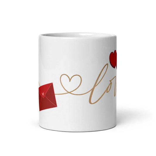 Valentine Mug - Envelope & Hearts gift with red envelope and heart design, ceramic, 11 oz, dishwasher safe, ideal for romantic gifting.