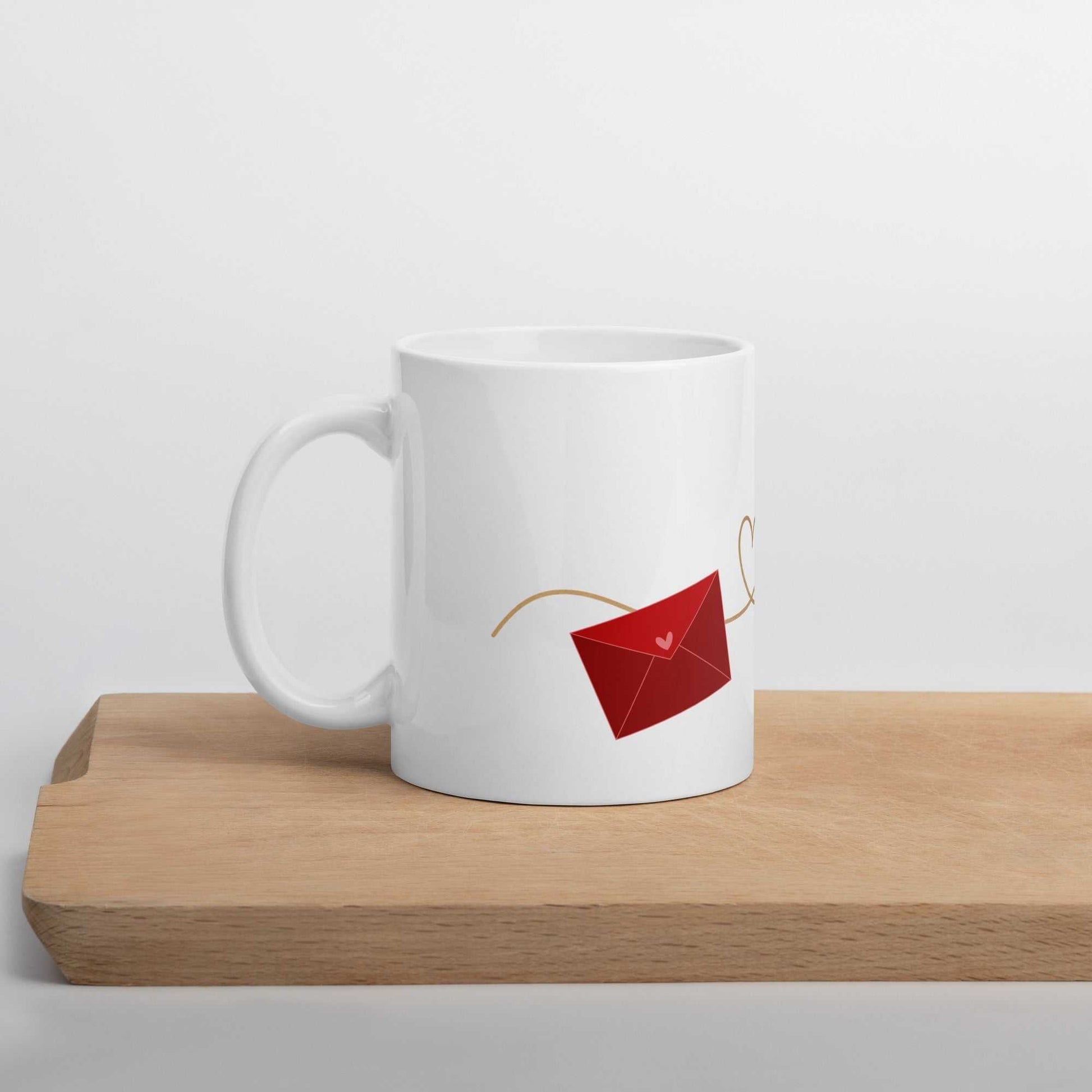 Valentine Mug - Envelope & Hearts gift on wooden board, ceramic 11 oz, red envelope design, ideal for Valentine's Day gifting.