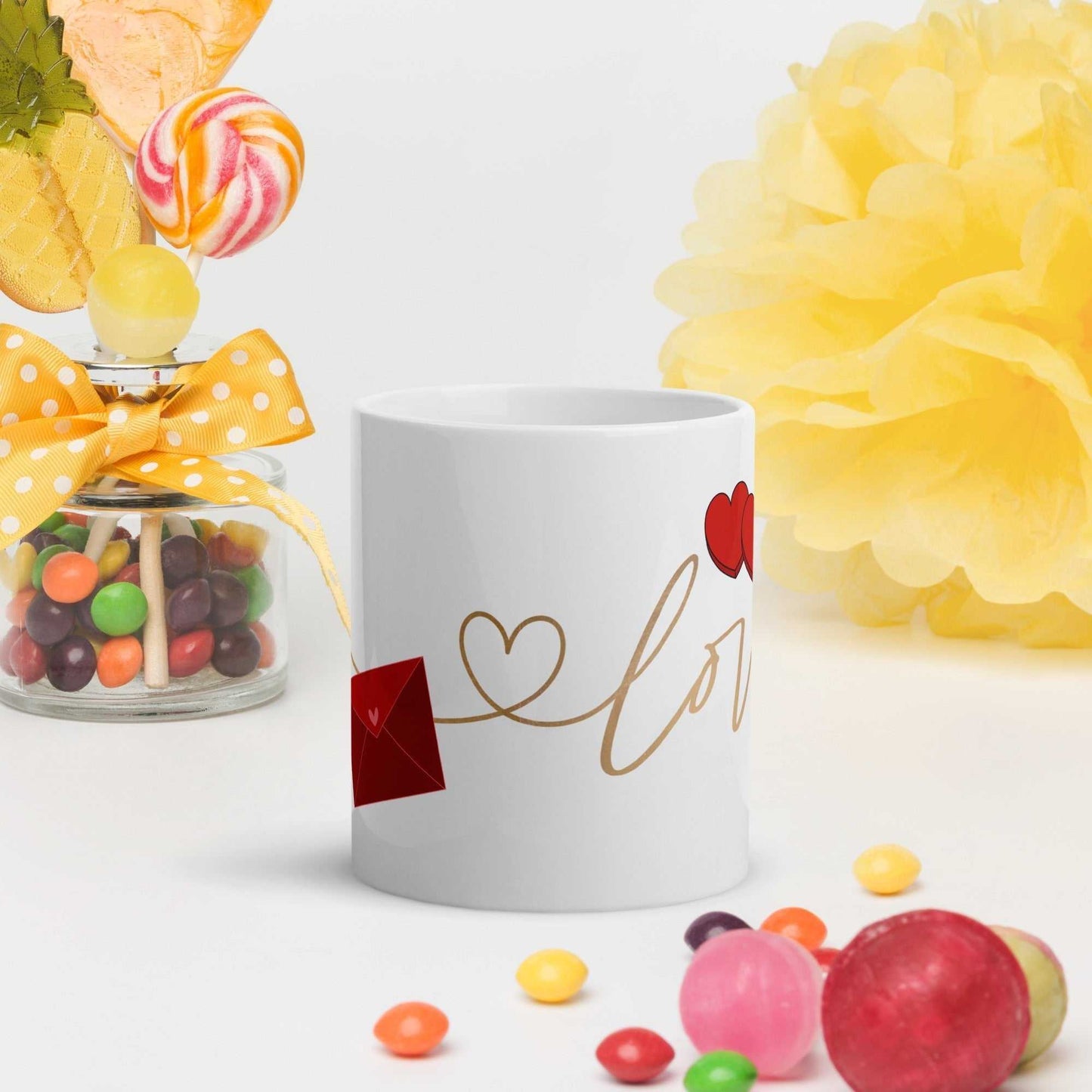Valentine-themed ceramic mug with red envelope and heart line art, 11 oz size, great for gifting and daily use.