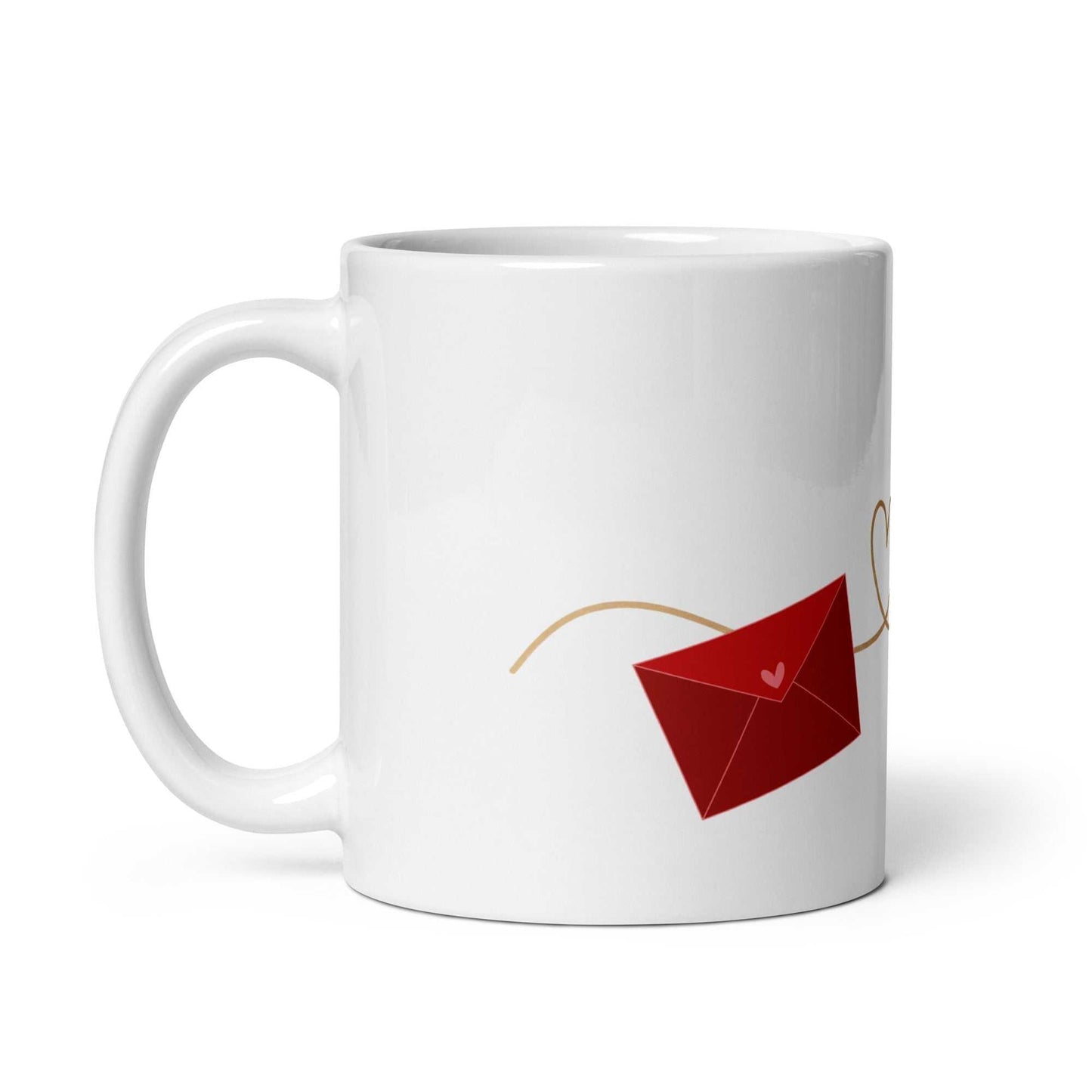 Valentine Mug - Envelope & Hearts gift with red envelope detail, ceramic 11 oz, ideal for Valentine's Day or romantic occasions.
