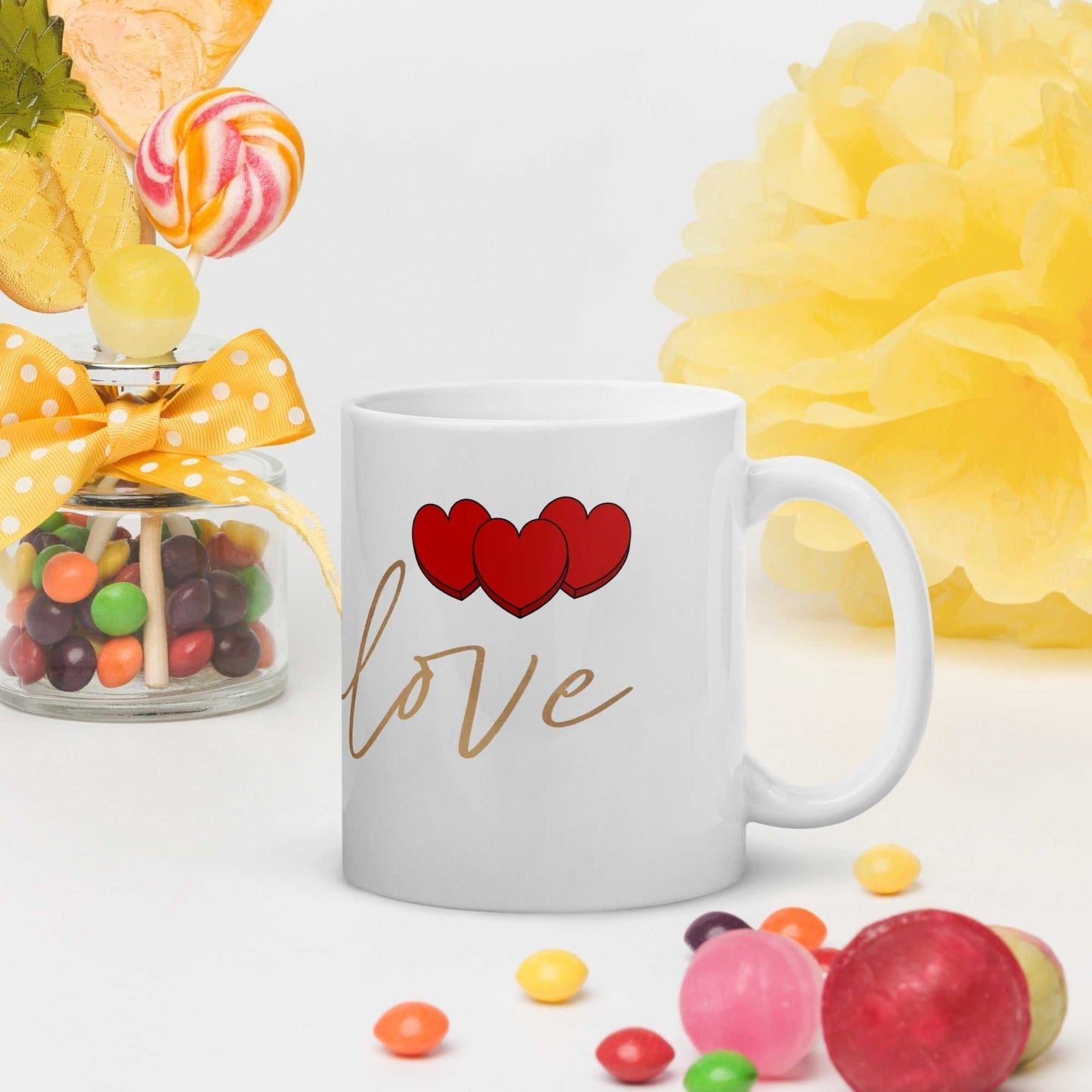 Valentine gift mug with red hearts and 'love' script, ceramic and dishwasher safe, perfect for romantic occasions and gifting.