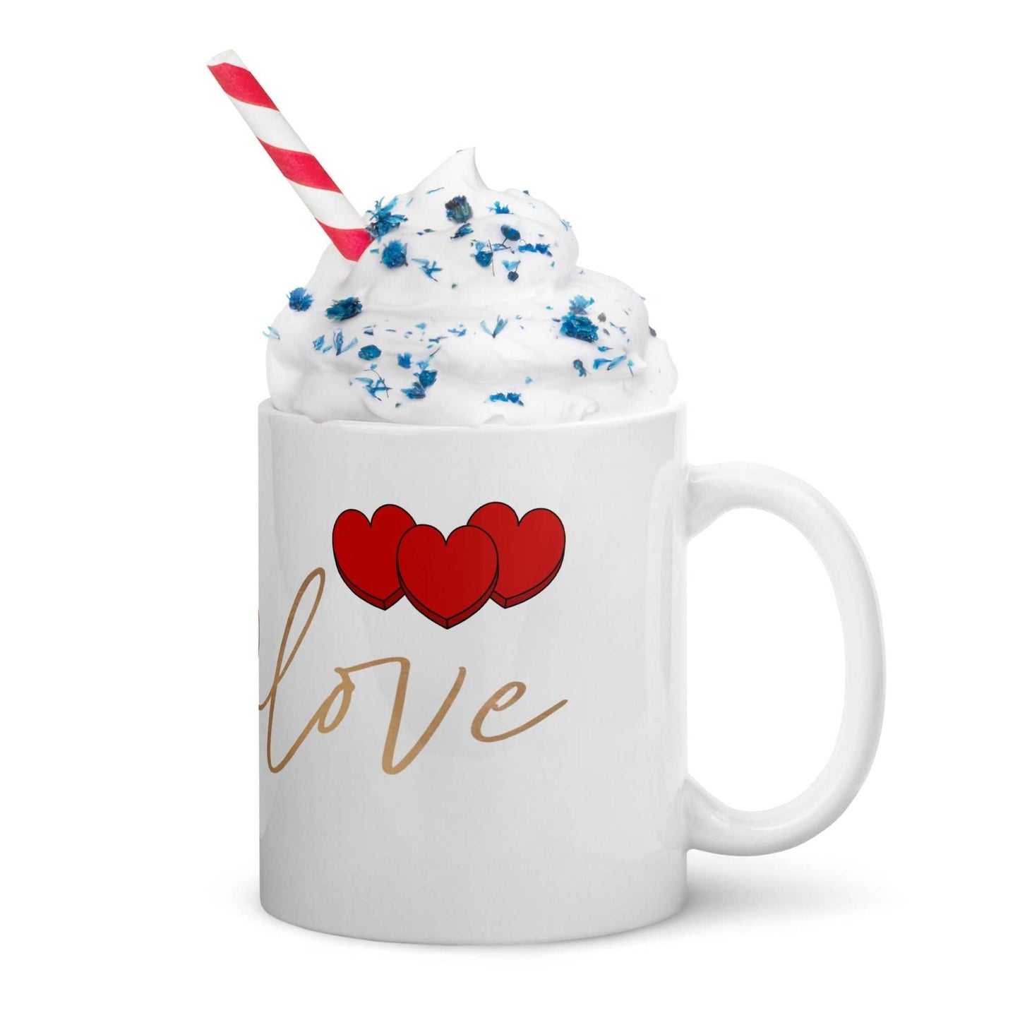 Valentine Mug - Envelope & Hearts with whipped cream topping, red hearts and 'love' text, dishwasher safe ceramic drinkware.