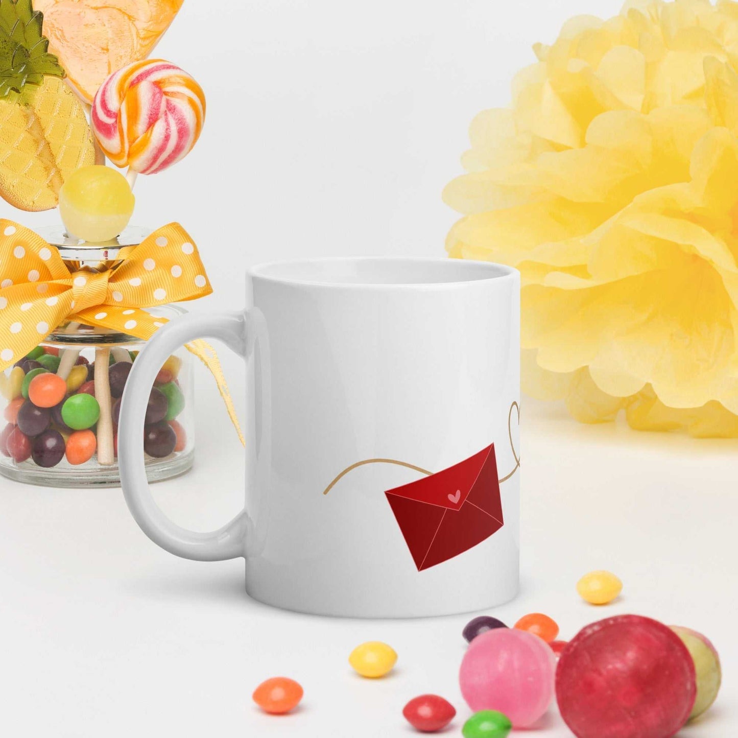 White ceramic valentine mug with red envelope graphic, part of Envelope & Hearts gift series, ideal for coffee or tea lovers.