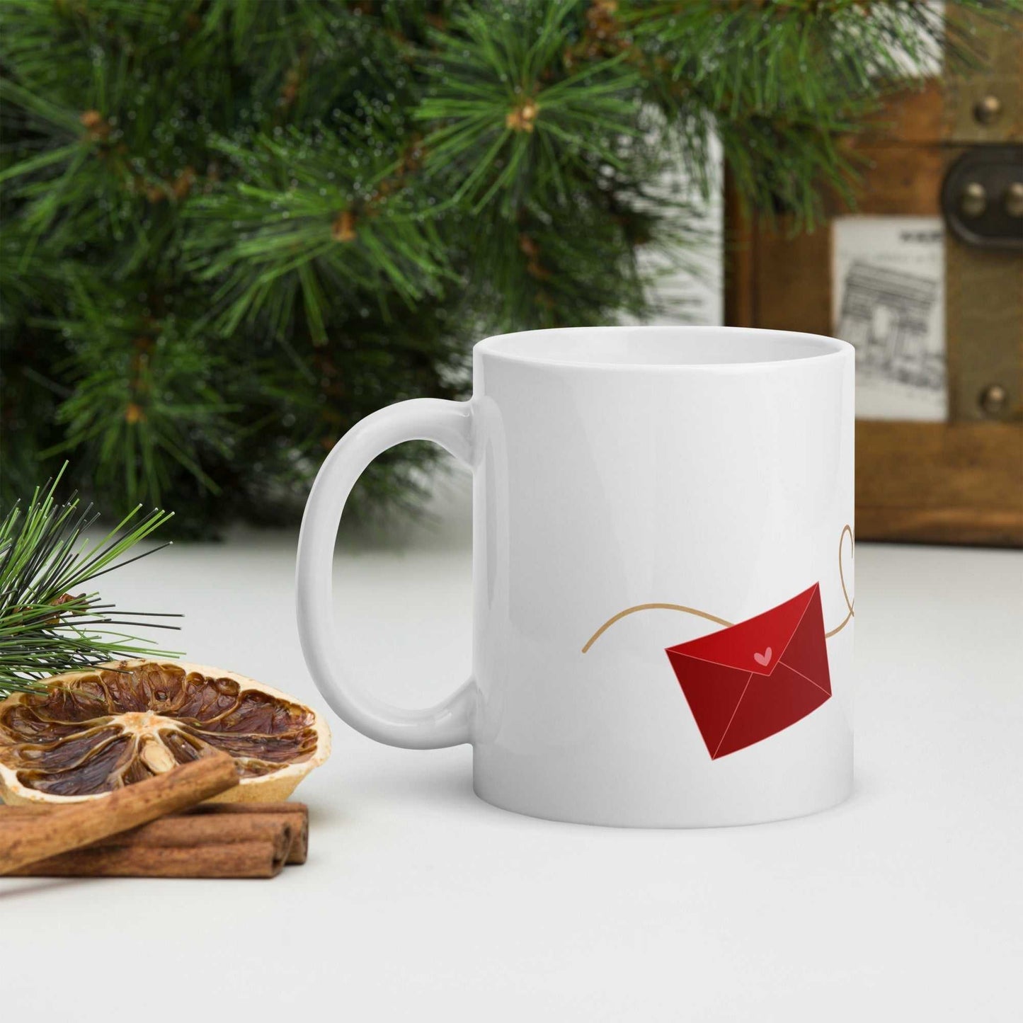 Valentine Mug - Envelope & Hearts gift with Christmas decor, ceramic 11 oz, red envelope design, festive and romantic drinkware.