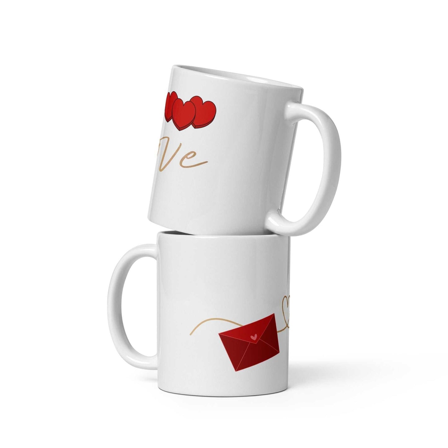 Stacked ceramic mugs from Valentine Mug - Envelope & Hearts gift set, featuring red hearts and envelope designs.