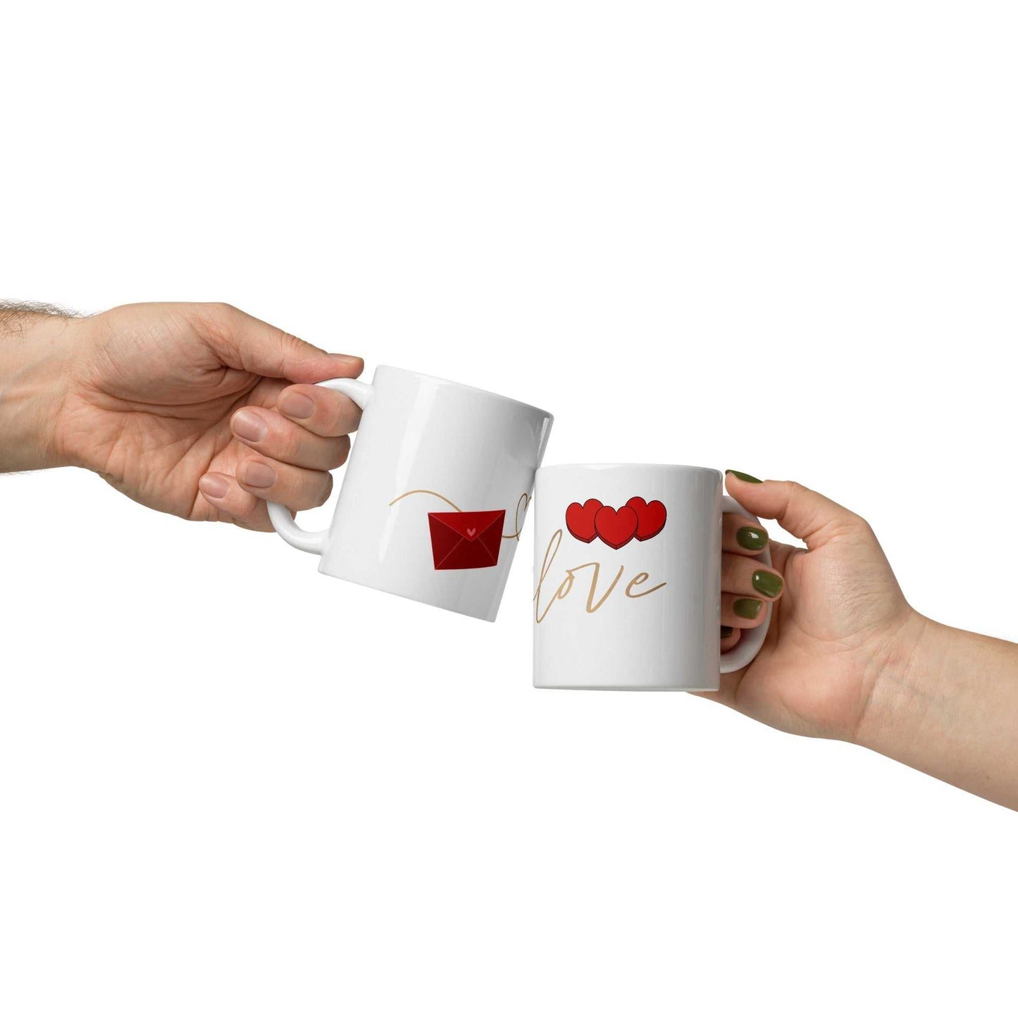 Two people clinking Valentine Mug - Envelope & Hearts ceramic mugs, red hearts and envelope design, perfect for couples.