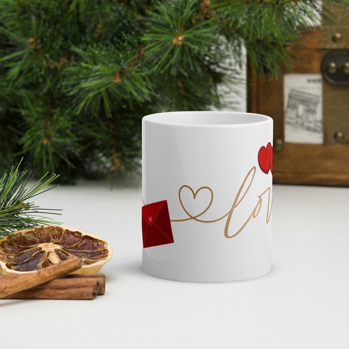 Valentine Mug - Envelope & Hearts gift with red envelope and heart line art, ceramic 11 oz, romantic mug for gifting.