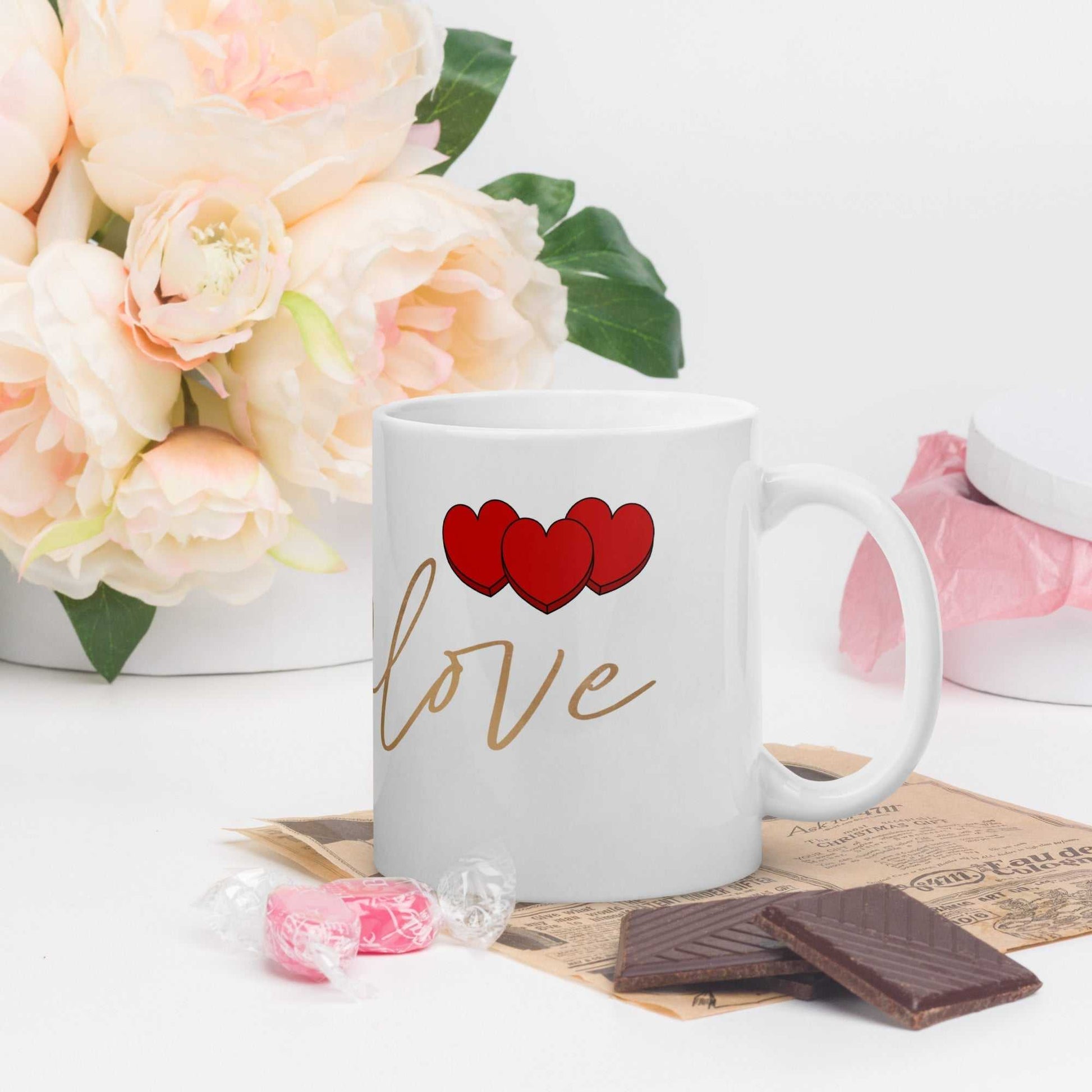 Valentine Mug - Envelope & Hearts gift mug with red hearts and 'love' text, ceramic, dishwasher safe, ideal for romantic gifting.