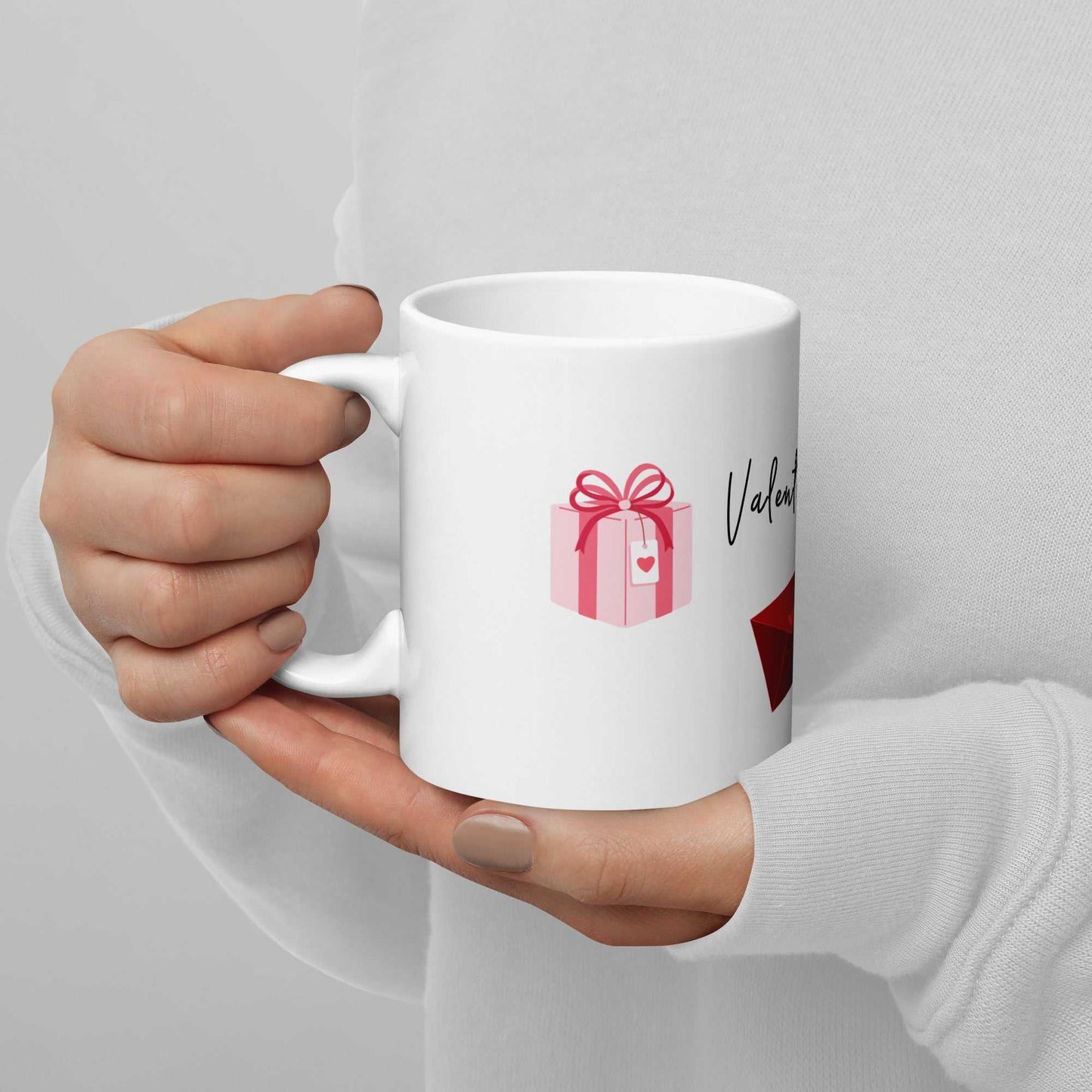 Ceramic Valentine Mug featuring a pink gift box and red envelope, perfect for Valentine's Day gifts or cozy coffee moments.
