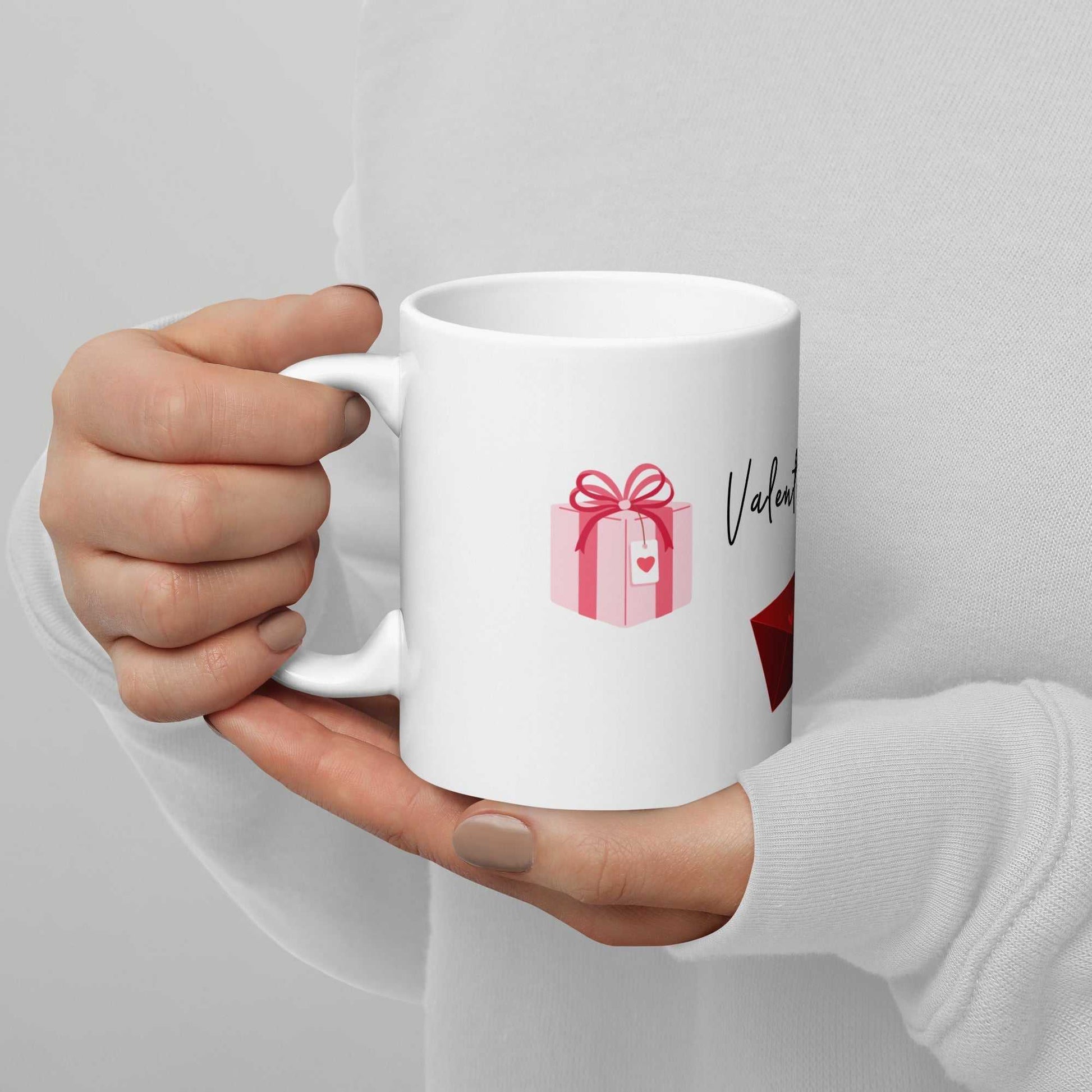 Ceramic Valentine Mug featuring a pink gift box and red envelope, perfect for Valentine's Day gifts or cozy coffee moments.