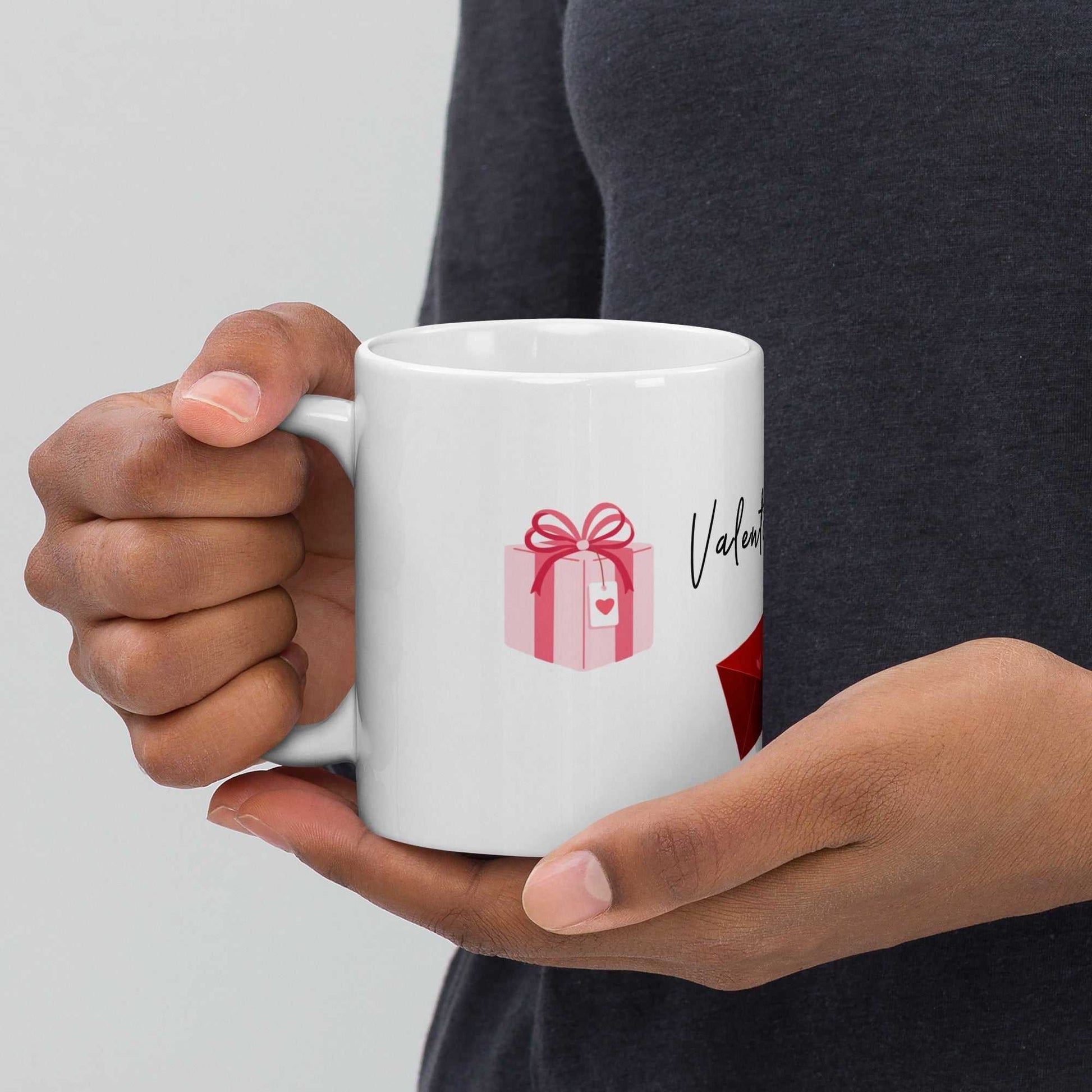 Valentine Mug - Ceramic Hearts Gift with pink present and red envelope design, ideal for romantic gifting or personal use.